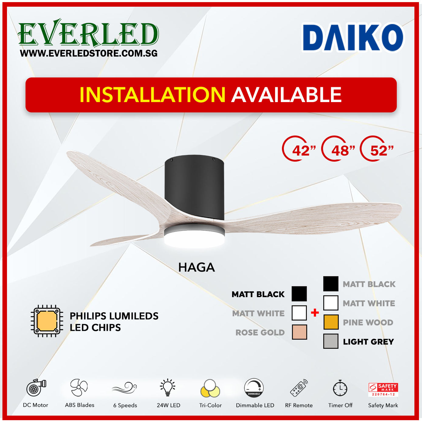 *FREE INSTALLATION* Daiko DC Haga 42"/48"/52"  with Tri-color LED (Inverter DC Fan)