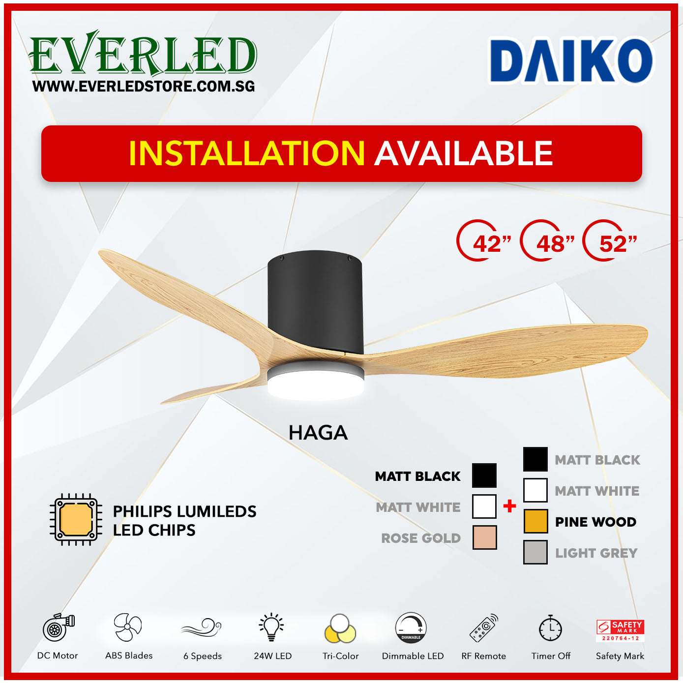 *FREE INSTALLATION* Daiko DC Haga 42"/48"/52" with Tri-color LED (Inverter DC Fan)