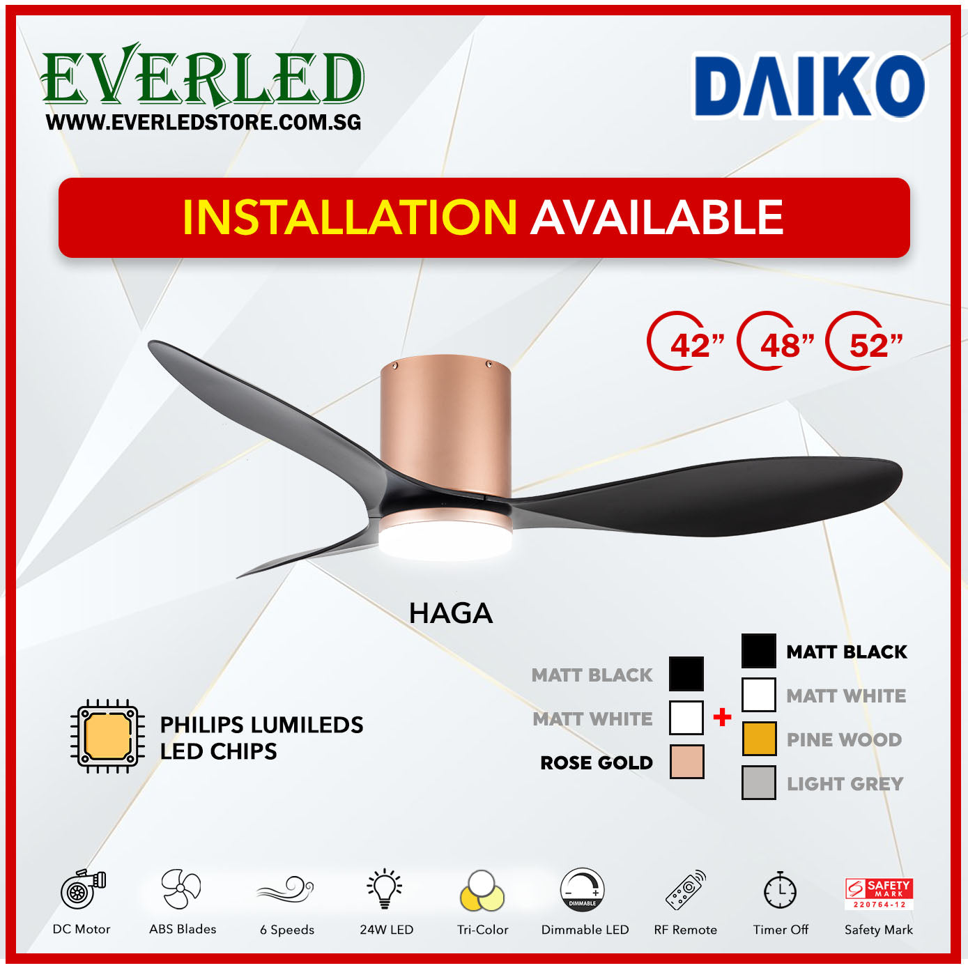 *FREE INSTALLATION* Daiko DC Haga 42"/48"/52" with Tri-color LED (Inverter DC Fan)
