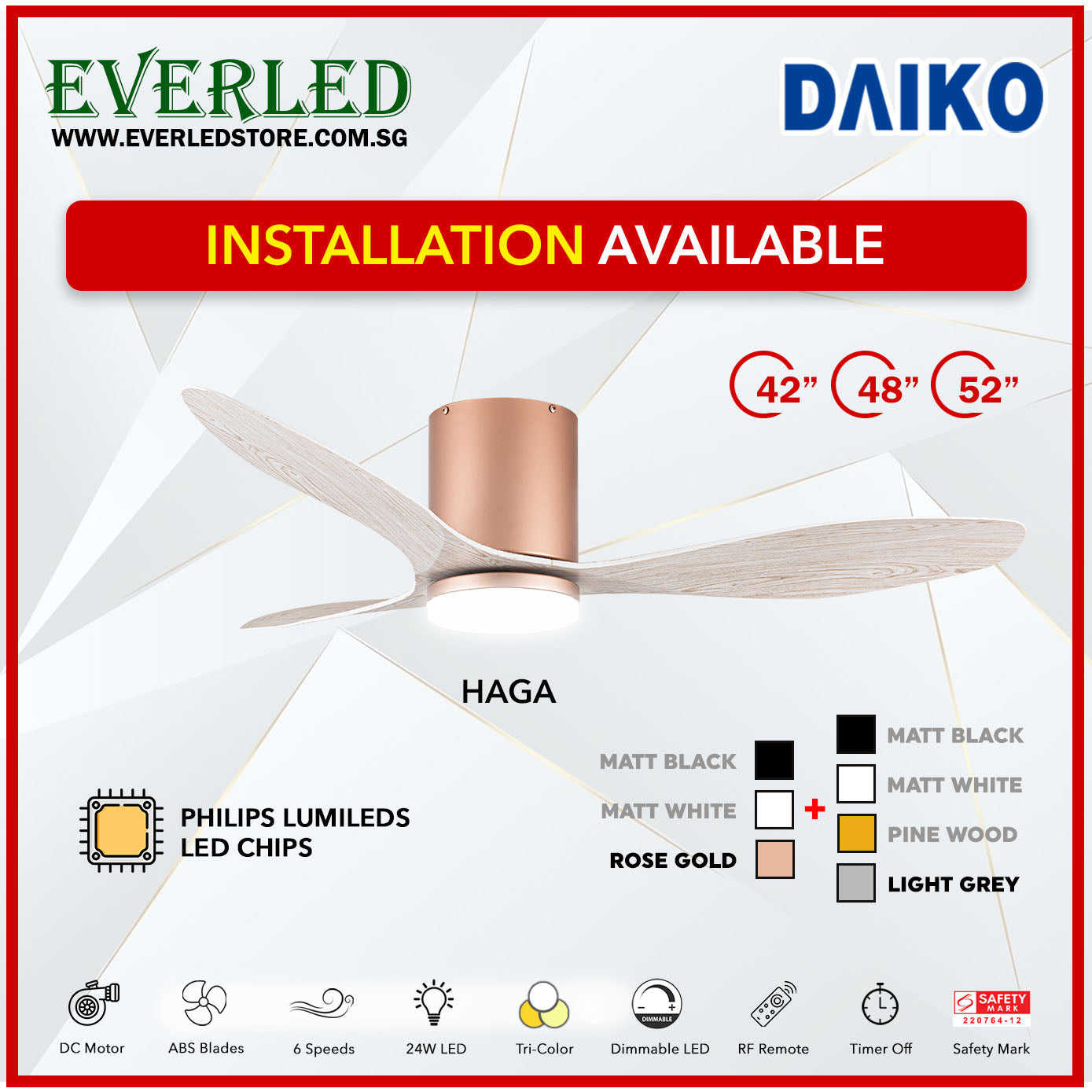 *FREE INSTALLATION* Daiko DC Haga 42"/48"/52" with Tri-color LED (Inverter DC Fan)
