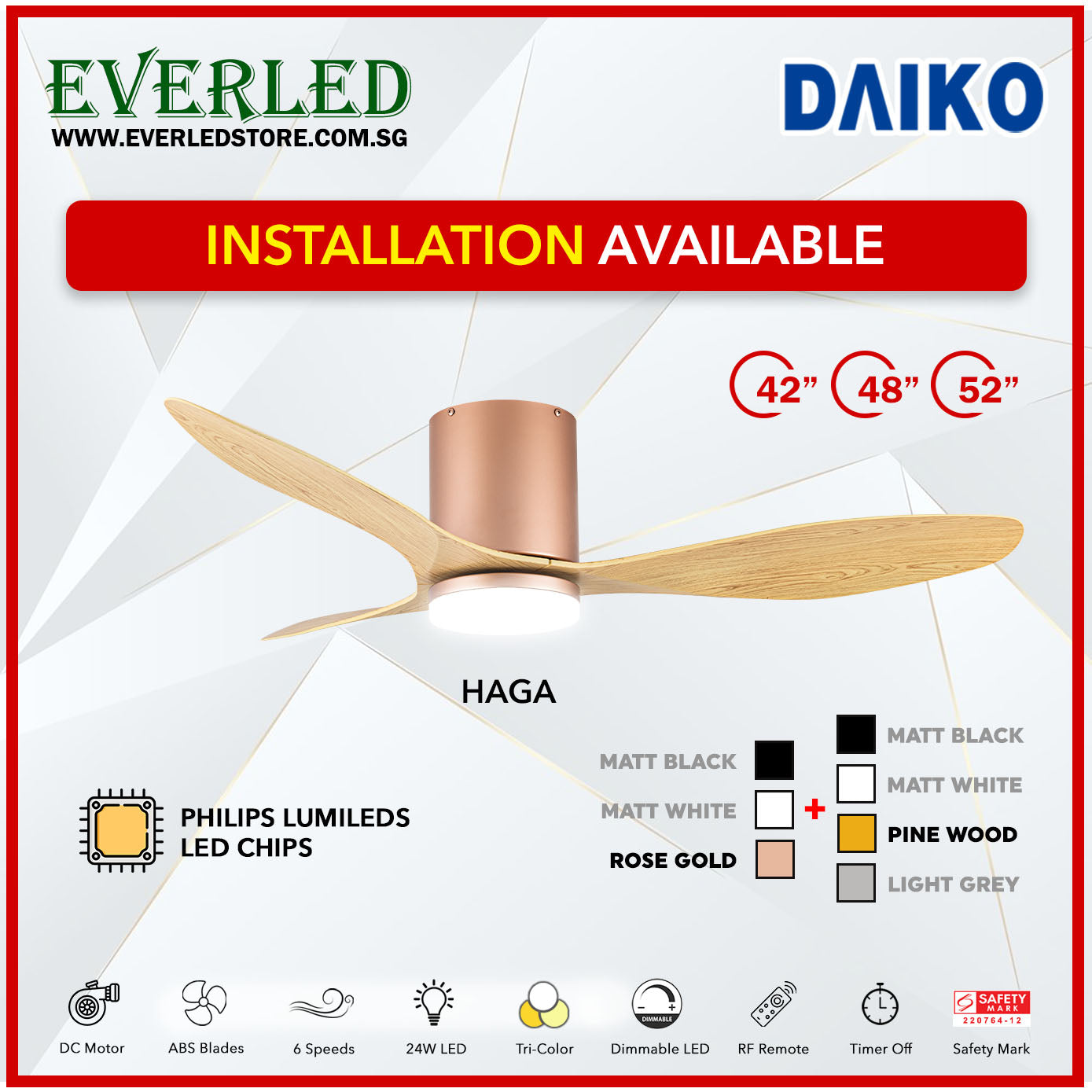 *FREE INSTALLATION* Daiko DC Haga 42"/48"/52" with Tri-color LED (Inverter DC Fan)