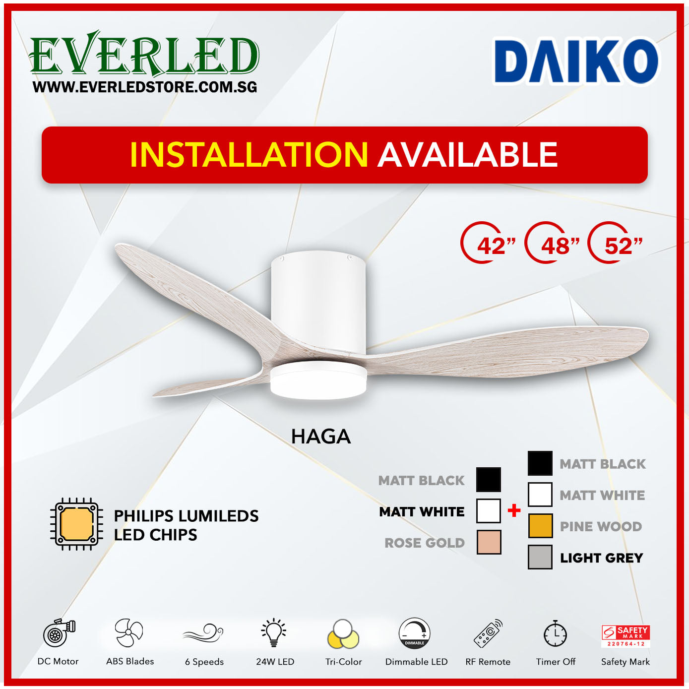 *FREE INSTALLATION* Daiko DC Haga 42"/48"/52" with Tri-color LED (Inverter DC Fan)