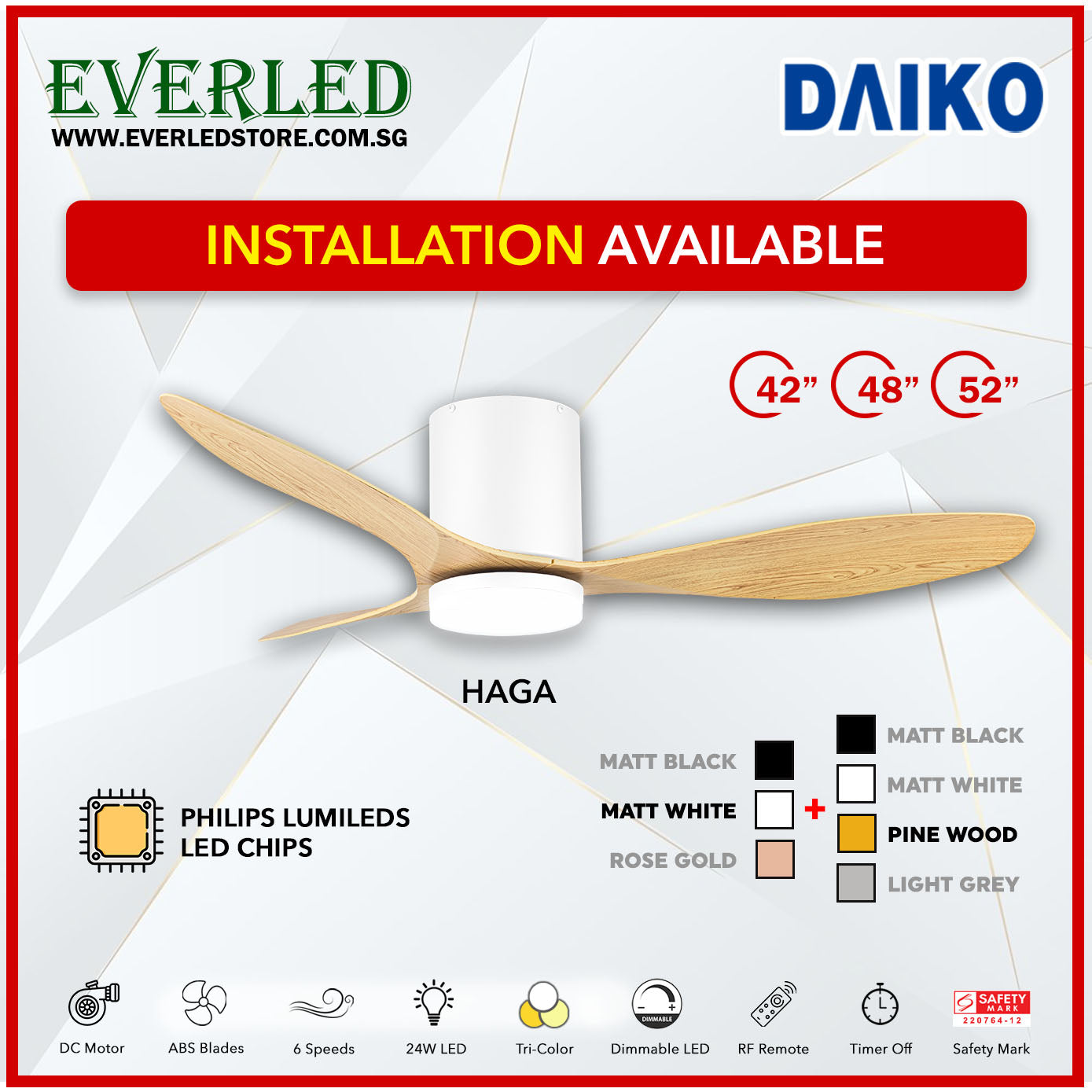 *FREE INSTALLATION* Daiko DC Haga 42"/48"/52" with Tri-color LED (Inverter DC Fan)