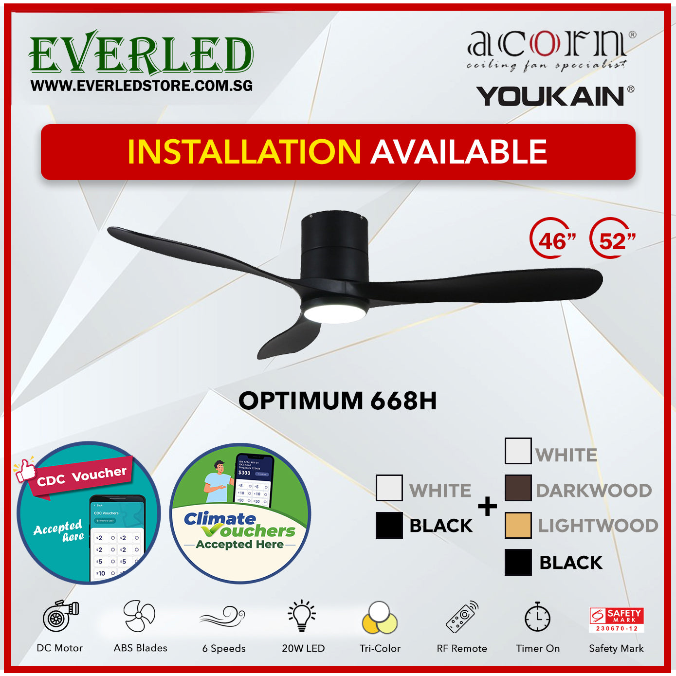 *SMART* Acorn (Youkain) *SMART DC INVERTER* Optimum 668H 46"/52" with Tri-color LED *CDC & Climate Voucher Accepted In Showroom*