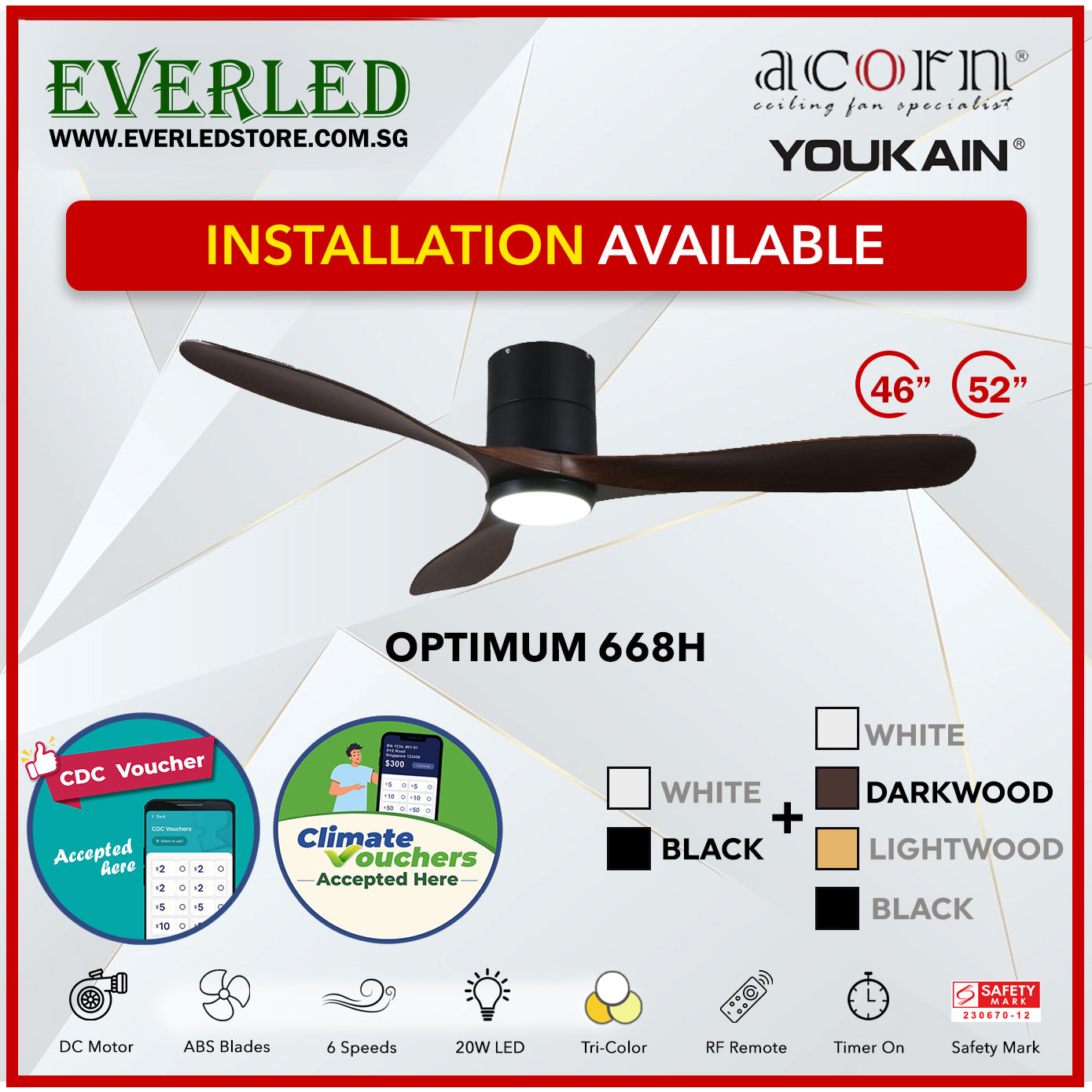 *SMART* Acorn (Youkain) *SMART DC INVERTER* Optimum 668H 46"/52" with Tri-color LED *CDC & Climate Voucher Accepted In Showroom*