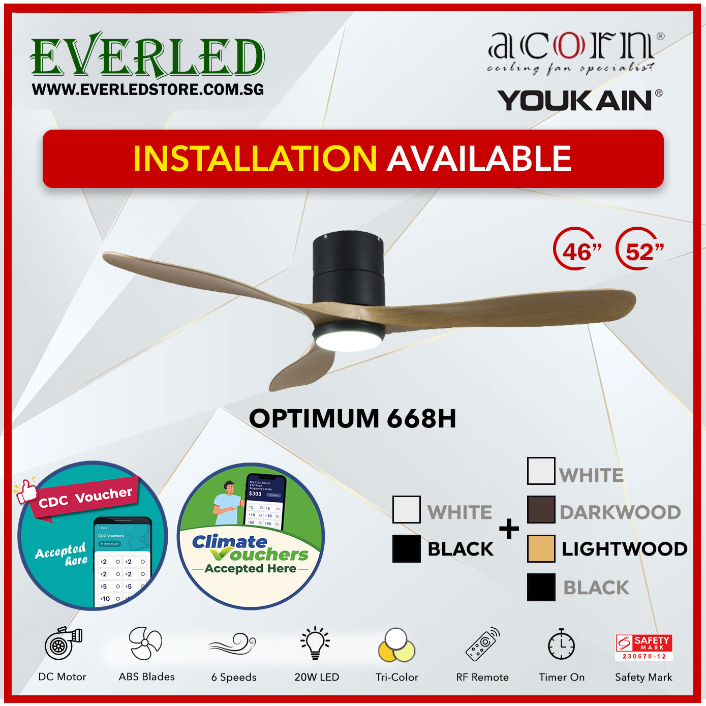 *SMART* Acorn (Youkain) *SMART DC INVERTER* Optimum 668H 46"/52" with Tri-color LED *CDC & Climate Voucher Accepted In Showroom*