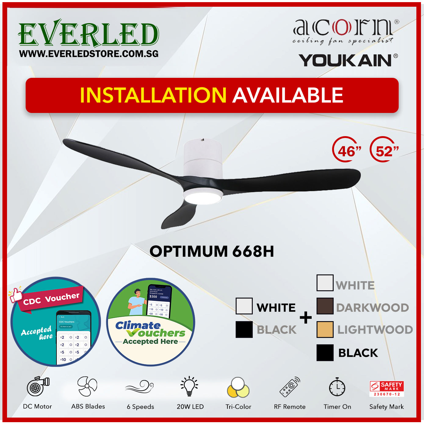 *SMART* Acorn (Youkain) *SMART DC INVERTER* Optimum 668H 46"/52" with Tri-color LED *CDC & Climate Voucher Accepted In Showroom*