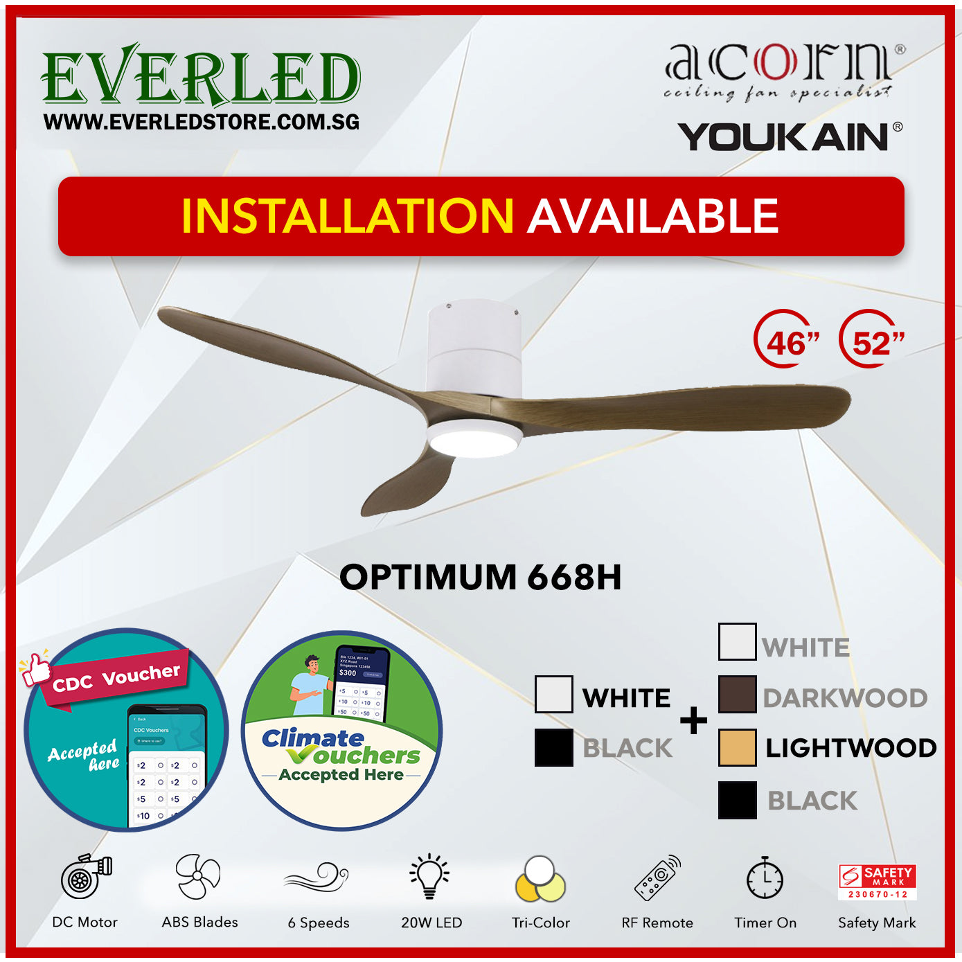 *SMART* Acorn (Youkain) *SMART DC INVERTER* Optimum 668H 46"/52" with Tri-color LED *CDC & Climate Voucher Accepted In Showroom*