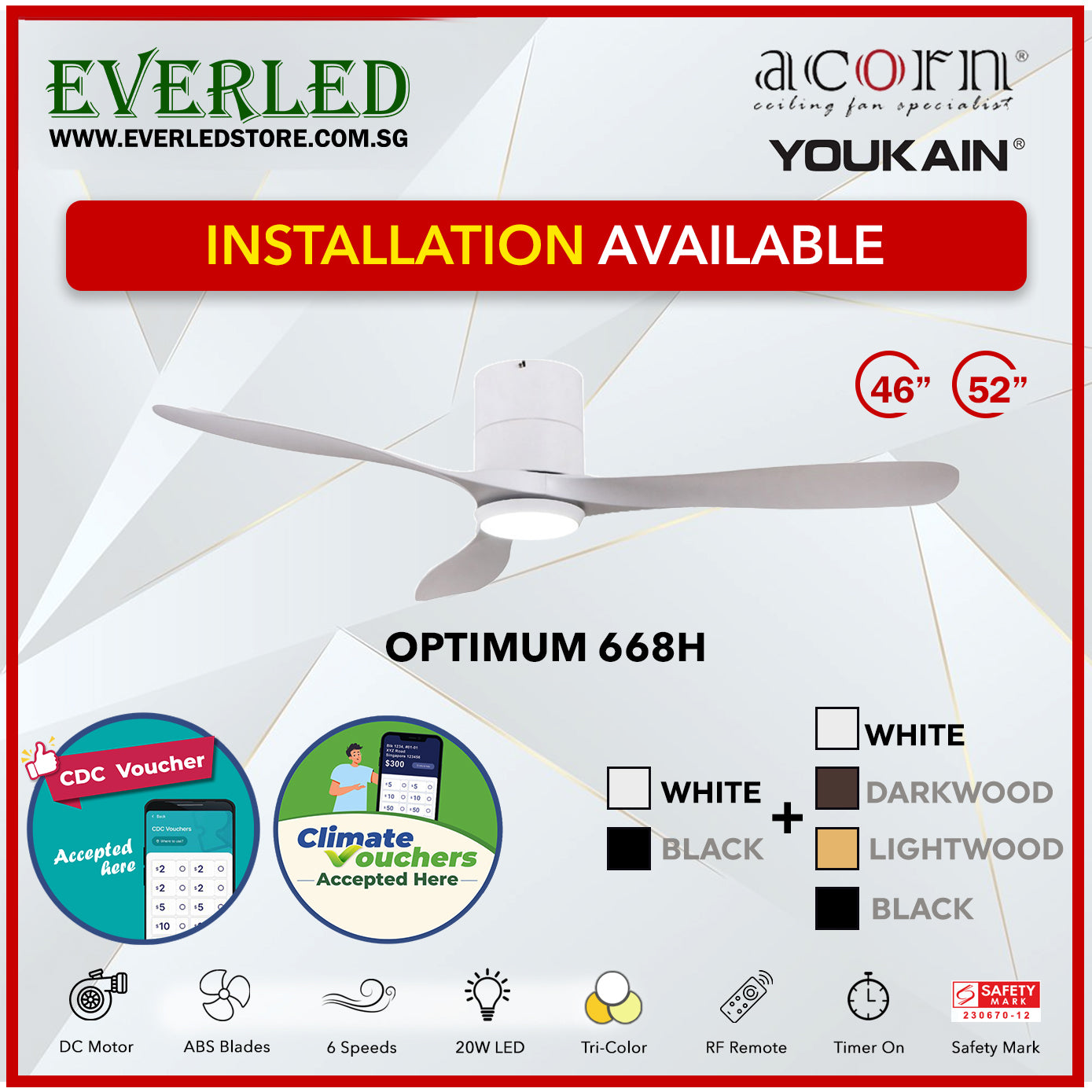 *SMART* Acorn (Youkain) *SMART DC INVERTER* Optimum 668H 46"/52" with Tri-color LED *CDC & Climate Voucher Accepted In Showroom*
