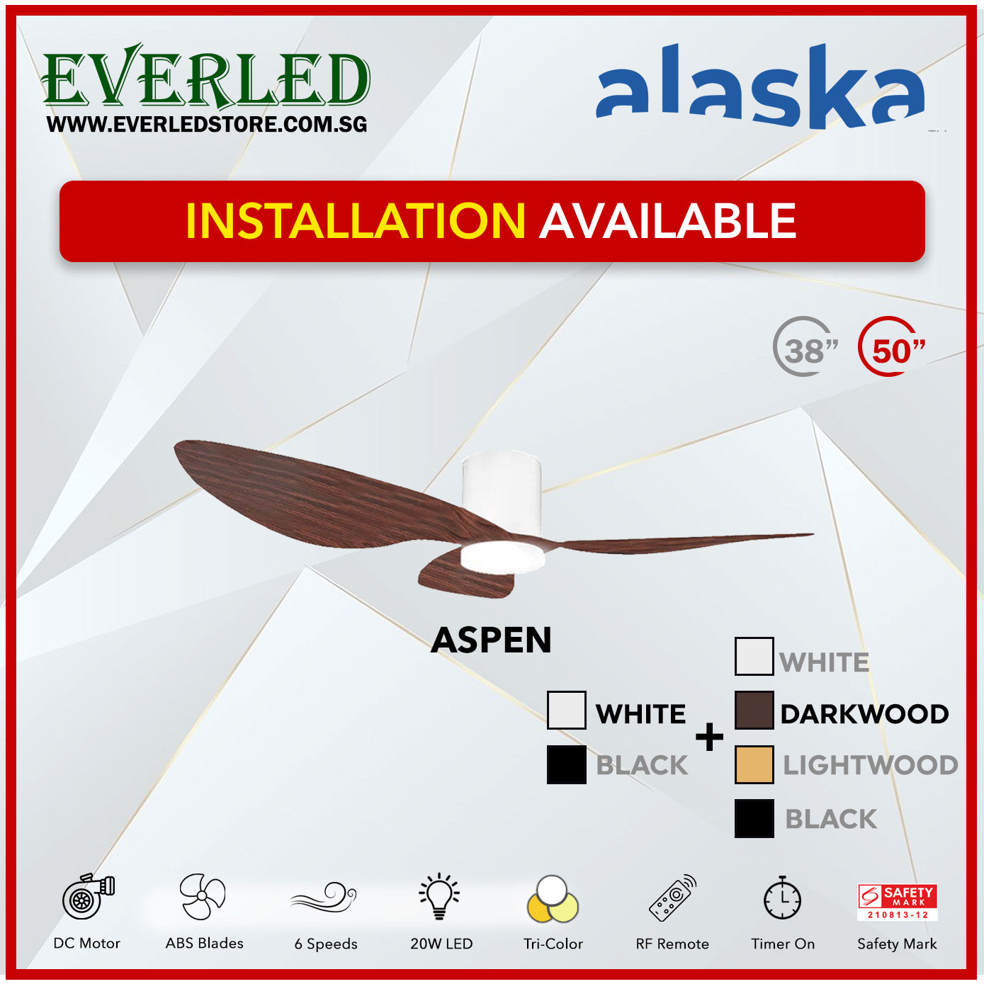 *STANDARD INSTALLATION* Alaska DC Aspen III 38"/50" (Inverter DC Fan) with Samsung dimmable light kit *CDC & Climate Voucher Accected In Showroom*
