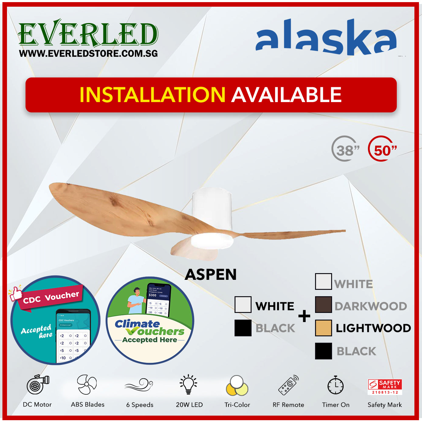 *STANDARD INSTALLATION* Alaska DC Aspen III 38"/50" (Inverter DC Fan) with Samsung dimmable light kit *CDC & Climate Voucher Accected In Showroom*