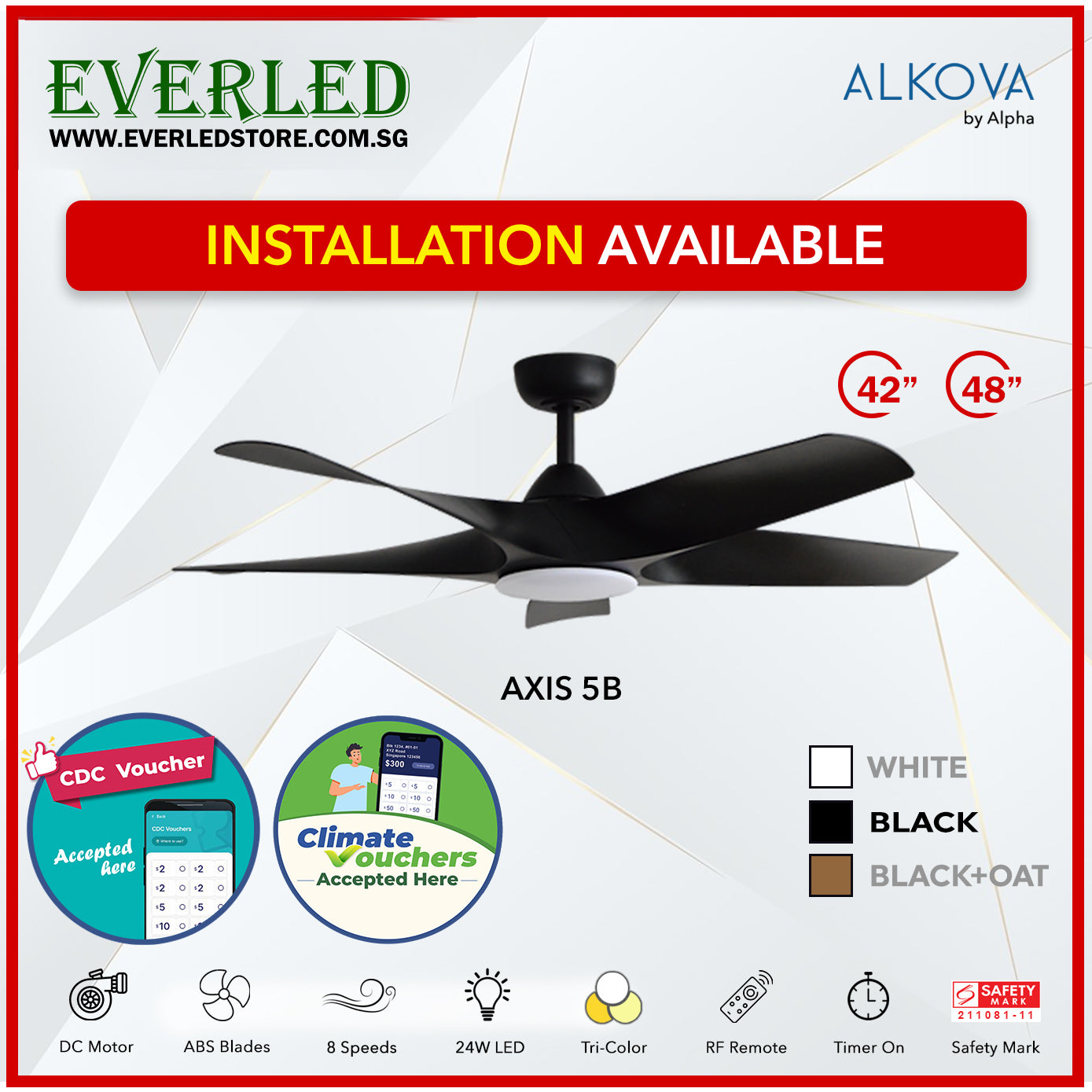 *STANDARD INSTALLATION* Alpha Alkova Axis 5BL 42 / 48 / 56 inch (LED) *CDC & Climate Voucher Accepted In Showroom*