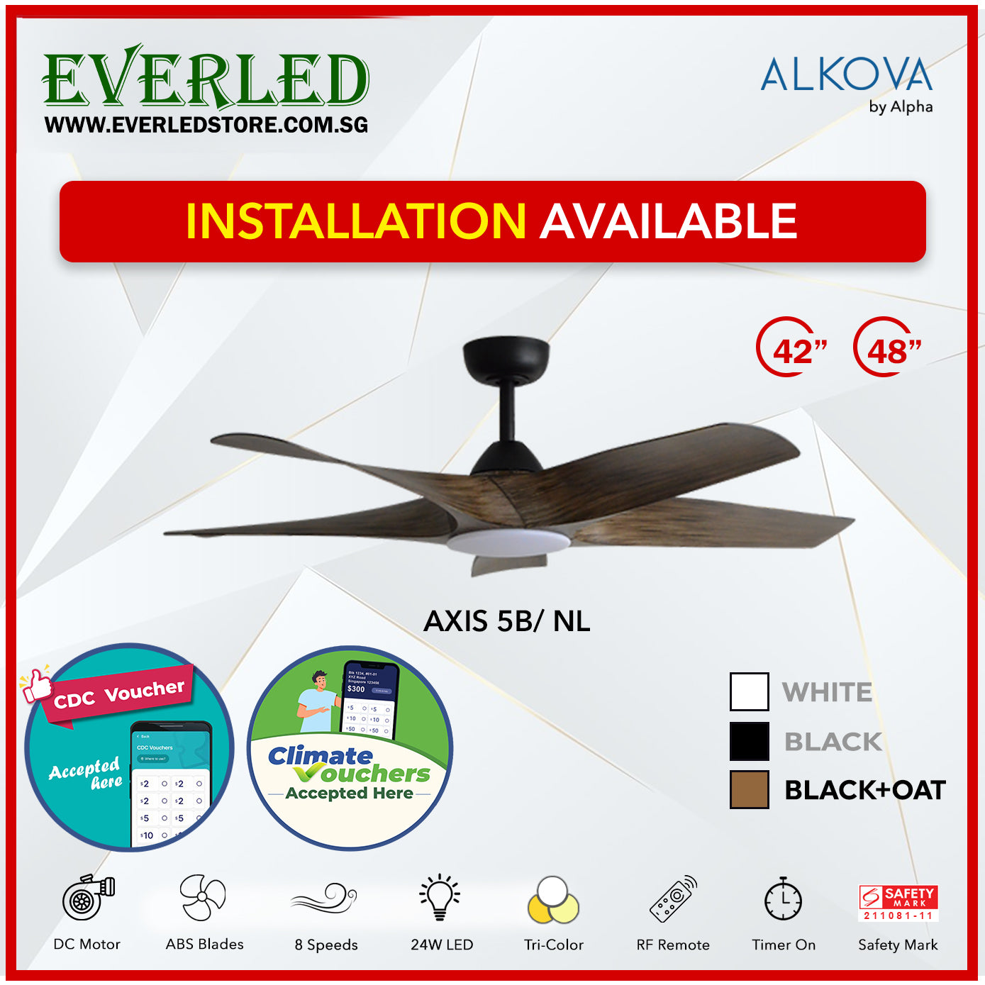 *STANDARD INSTALLATION* Alpha Alkova Axis 5BL 42 / 48 / 56 inch (LED) *CDC & Climate Voucher Accepted In Showroom*