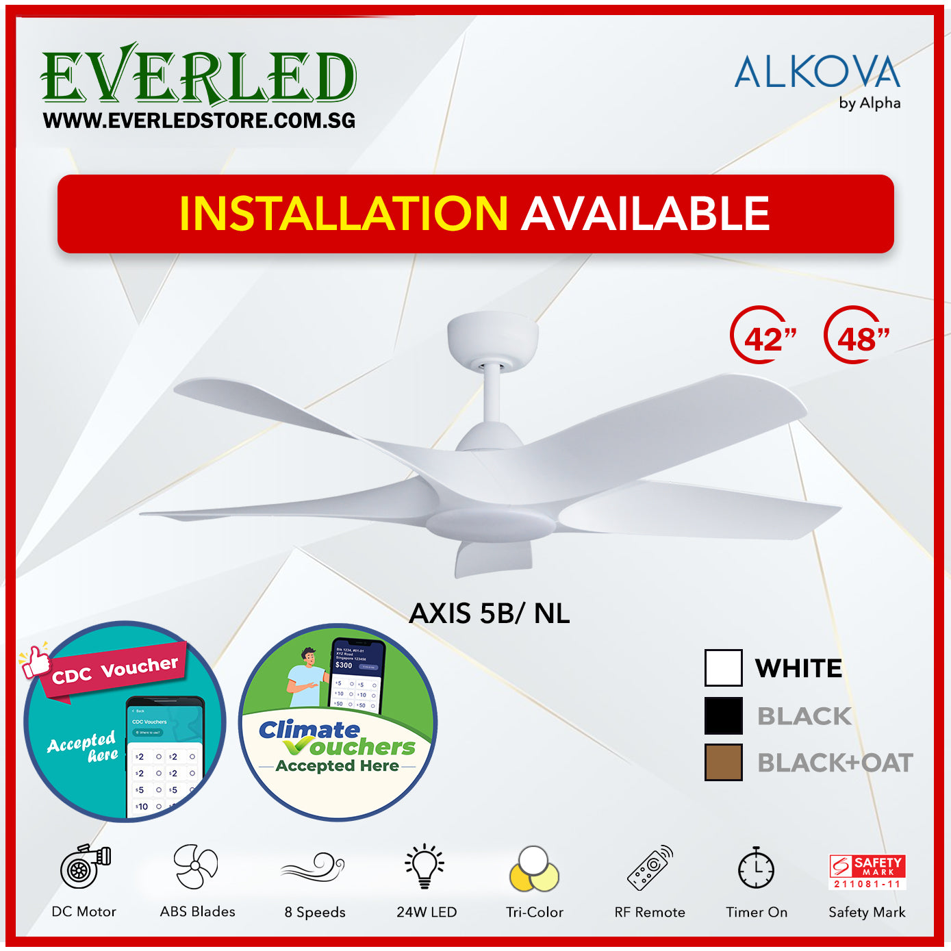 *STANDARD INSTALLATION* Alpha Alkova Axis 5BL 42 / 48 / 56 inch (LED) *CDC & Climate Voucher Accepted In Showroom*
