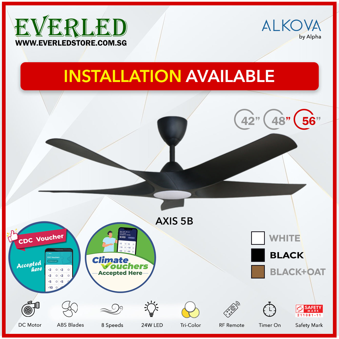 *STANDARD INSTALLATION* Alpha Alkova Axis 5BL 42 / 48 / 56 inch (LED) *CDC & Climate Voucher Accepted In Showroom*