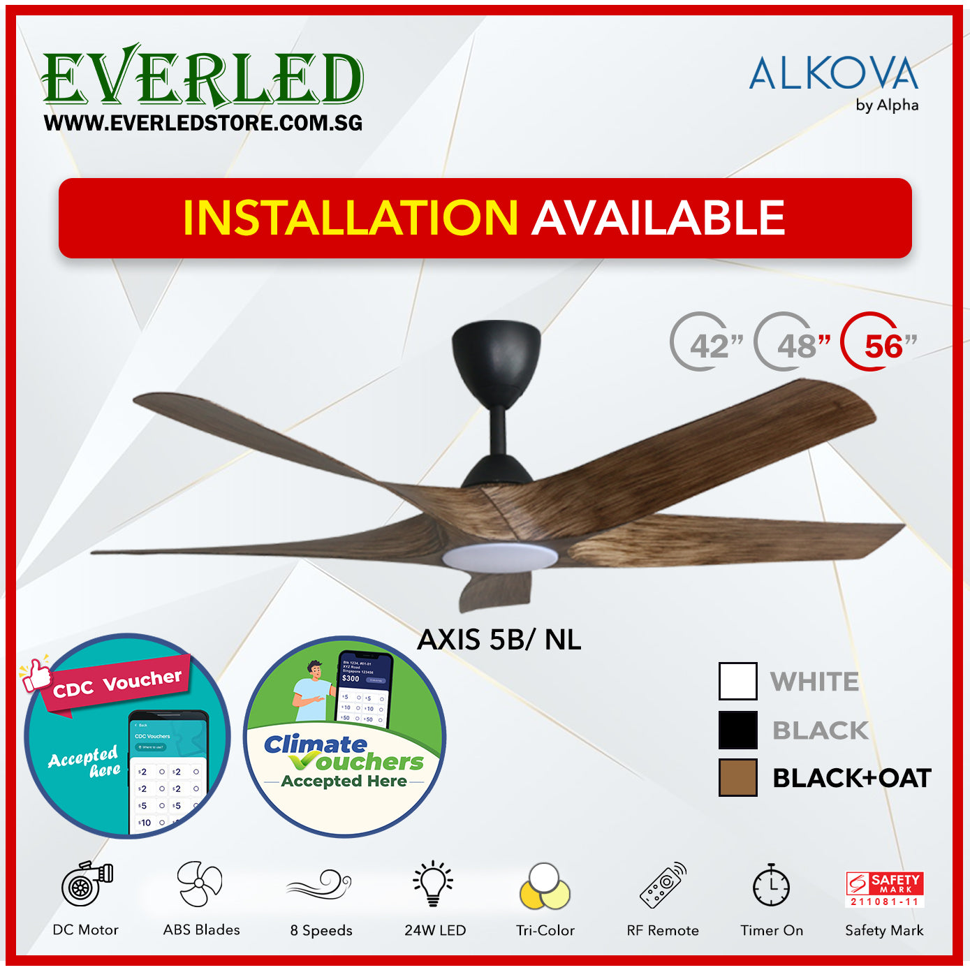 *STANDARD INSTALLATION* Alpha Alkova Axis 5BL 42 / 48 / 56 inch (LED) *CDC & Climate Voucher Accepted In Showroom*