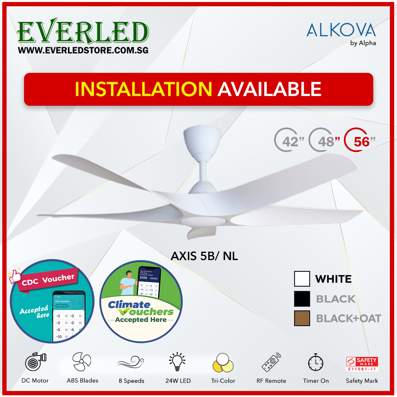 *STANDARD INSTALLATION* Alpha Alkova Axis 5BL 42 / 48 / 56 inch (LED) *CDC & Climate Voucher Accepted In Showroom*
