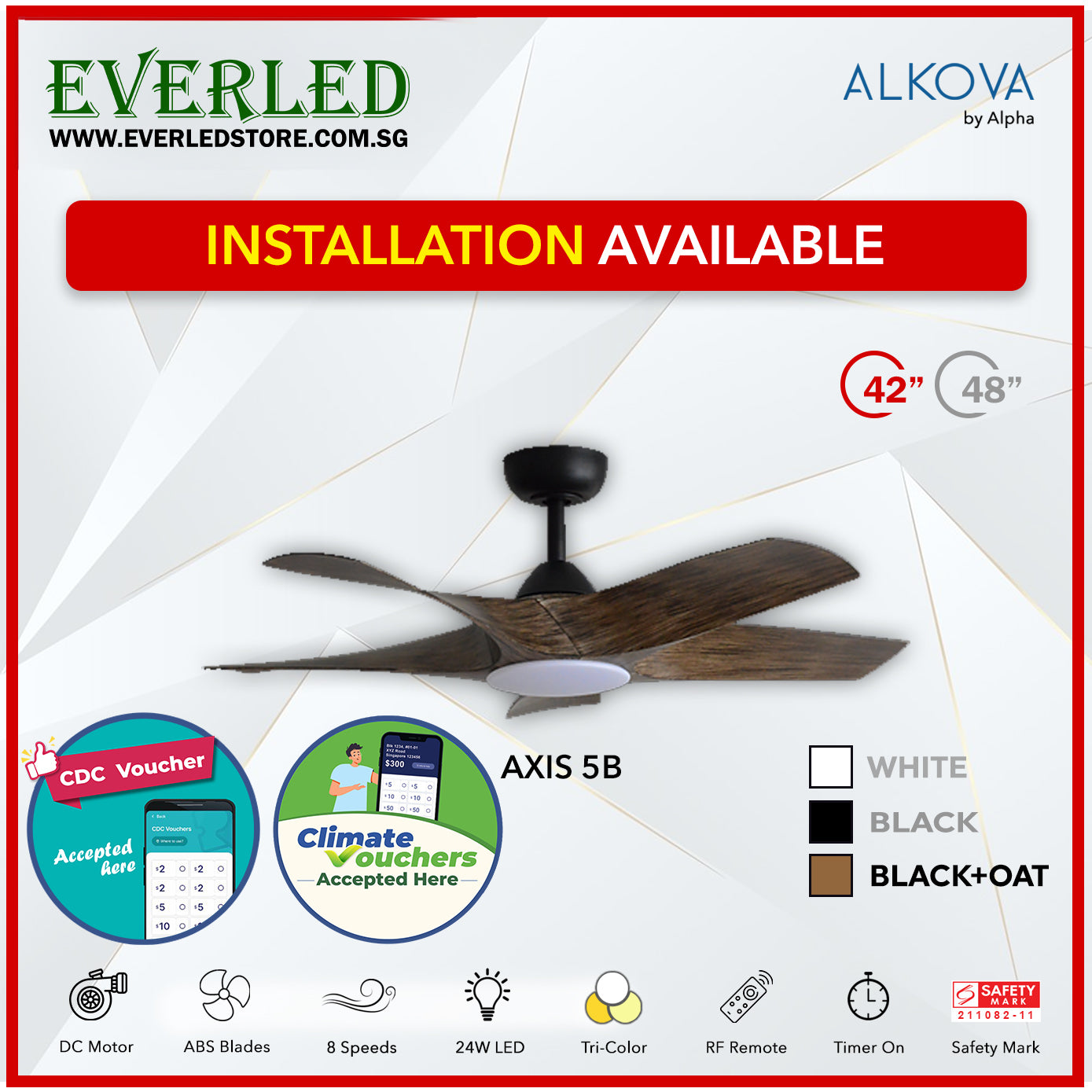 *STANDARD INSTALLATION* Alpha Alkova Axis 5BL 42 / 48 / 56 inch (LED) *CDC & Climate Voucher Accepted In Showroom*