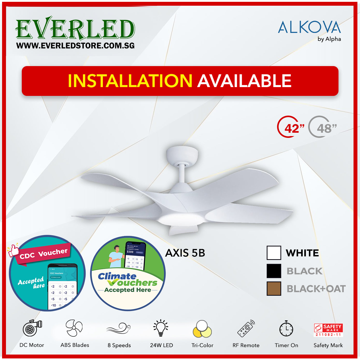 *STANDARD INSTALLATION* Alpha Alkova Axis 5BL 42 / 48 / 56 inch (LED) *CDC & Climate Voucher Accepted In Showroom*