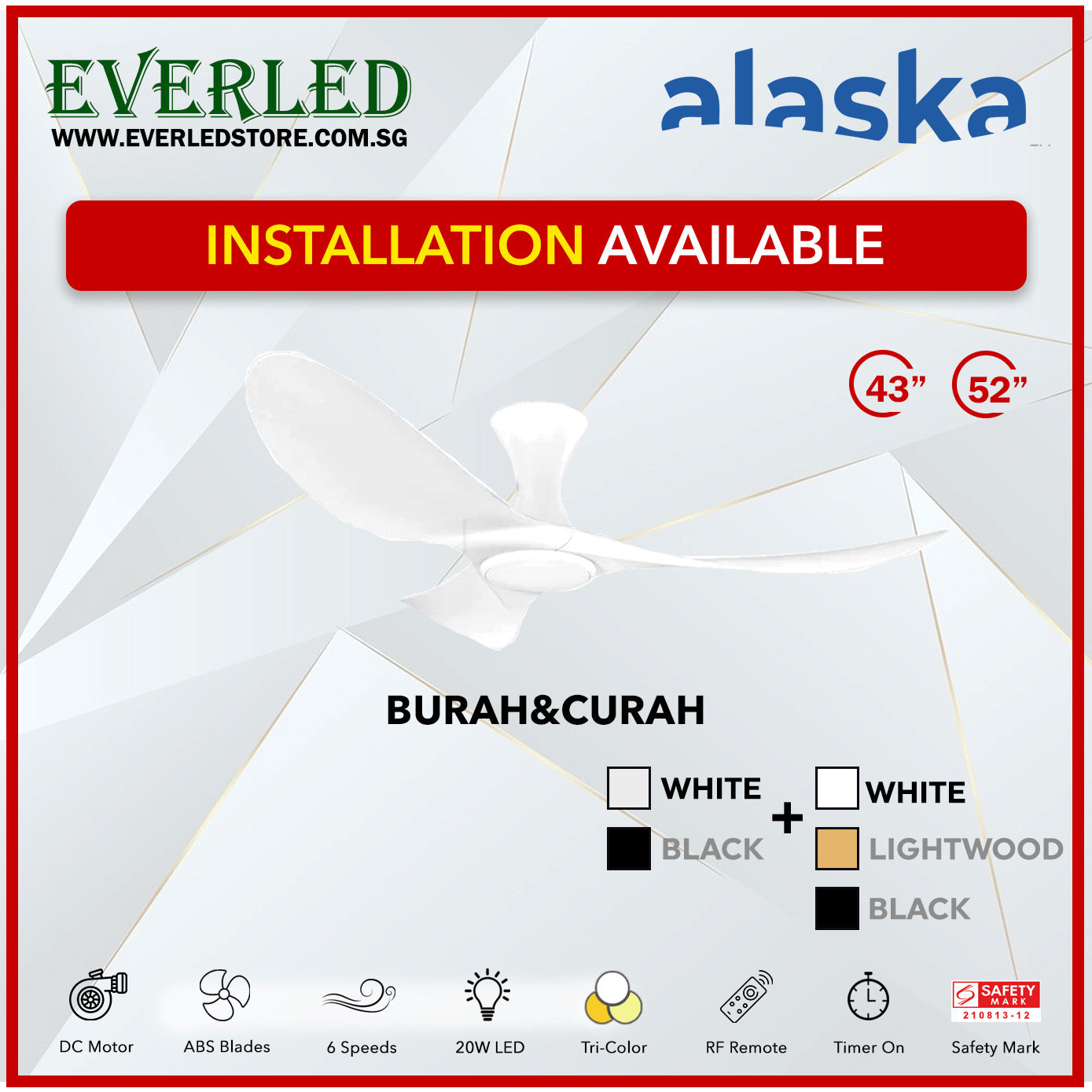 Alaska SMART DC Cura / Curah 52" (Inverter DC Fan) with Samsung dimmable light kit