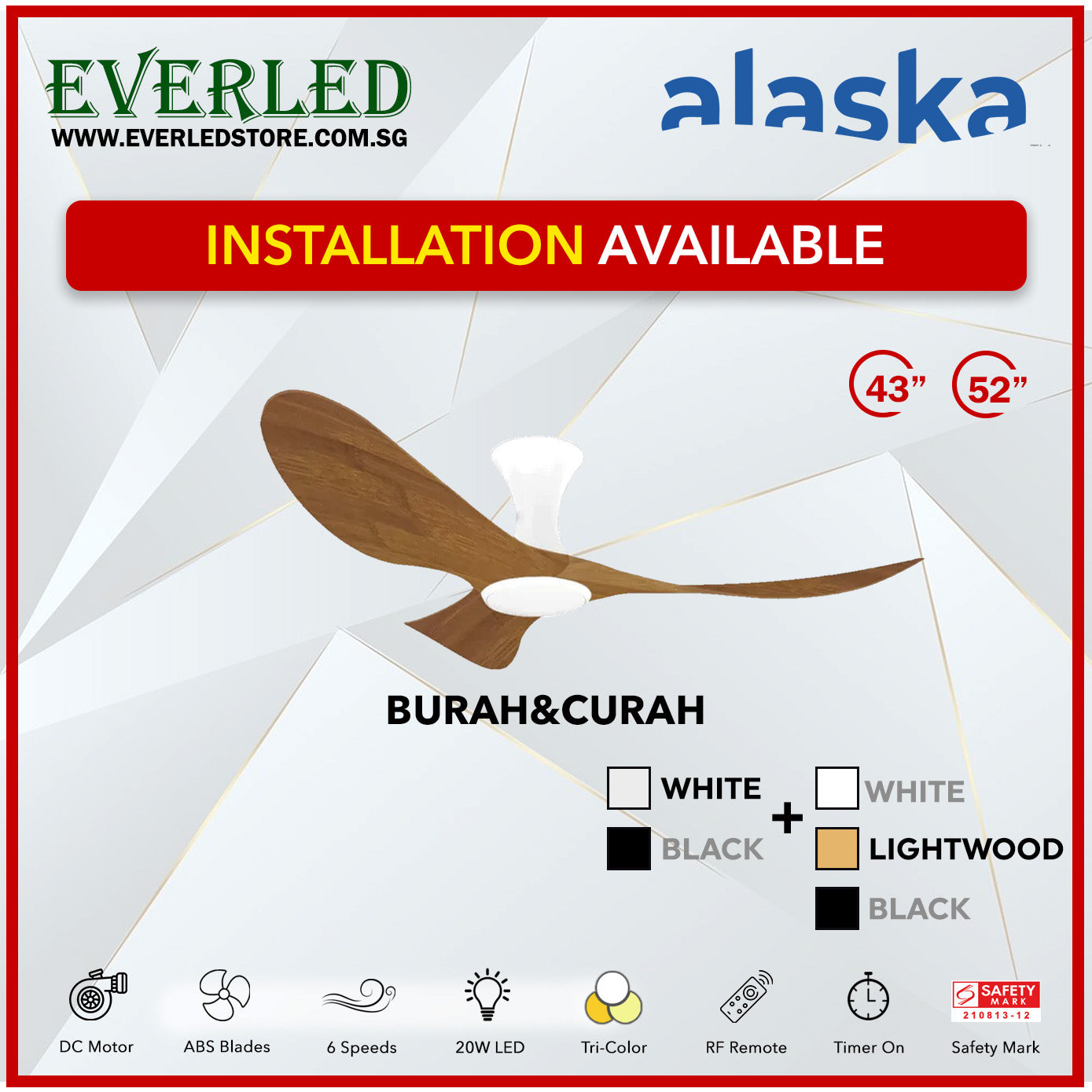 Alaska SMART DC Cura / Curah 52" (Inverter DC Fan) with Samsung dimmable light kit