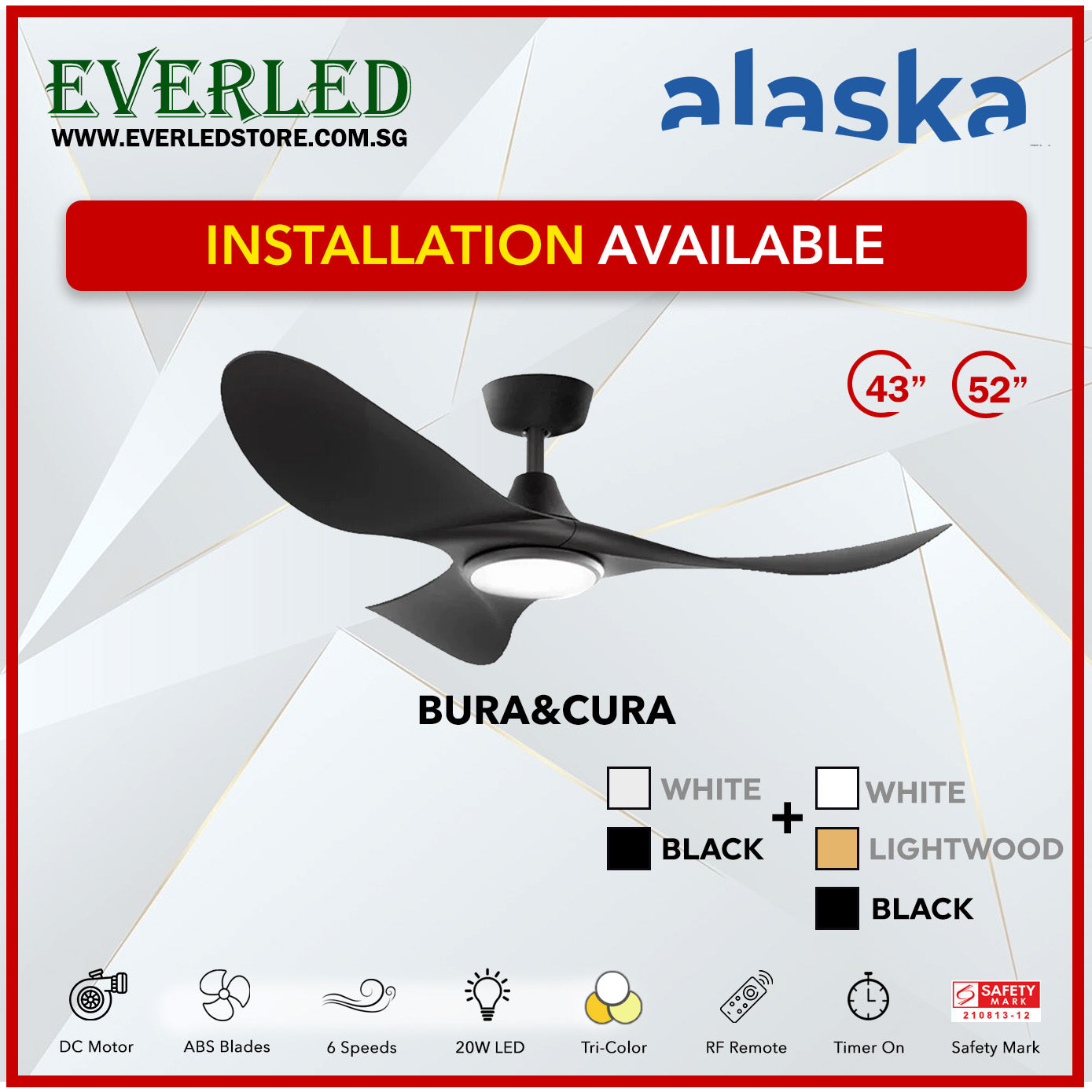 Alaska SMART DC Cura / Curah 52" (Inverter DC Fan) with Samsung dimmable light kit