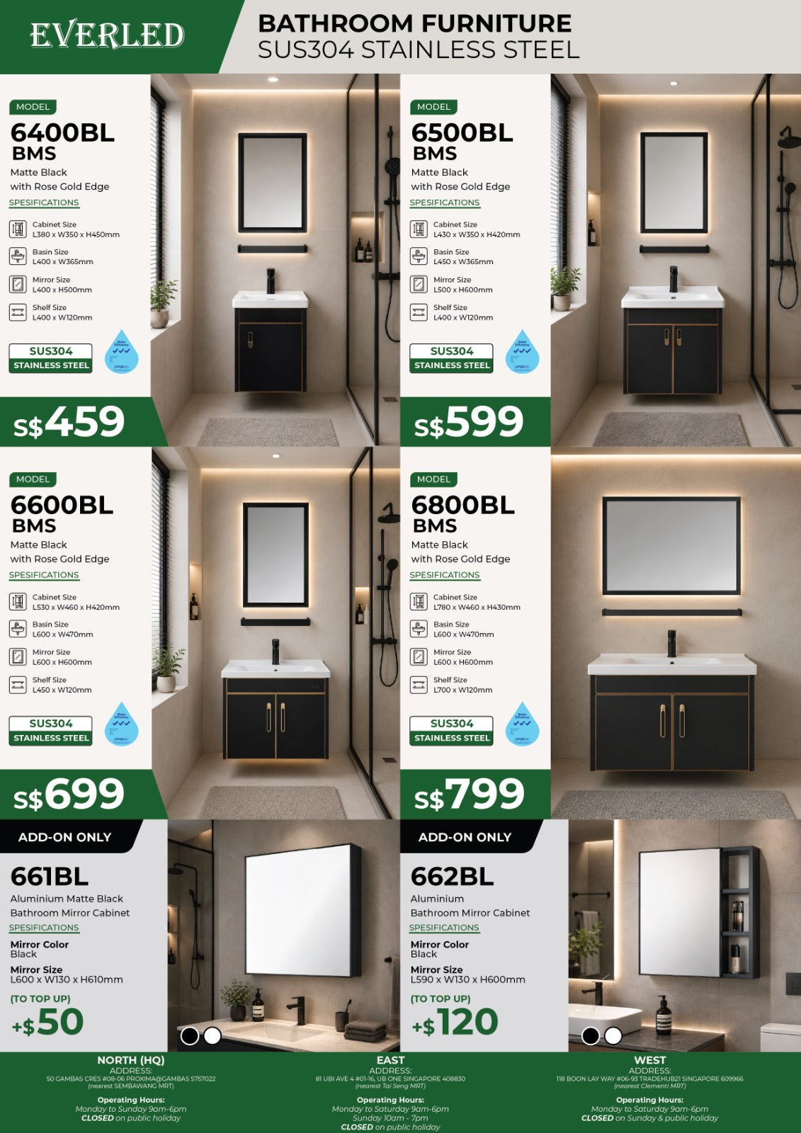 *(Vanity Cabinet)* Everled 6400BL-BMS / 6500BL-BMS / 6600BL-BMS / 6800BL-BMS - FREE DELIVERY
