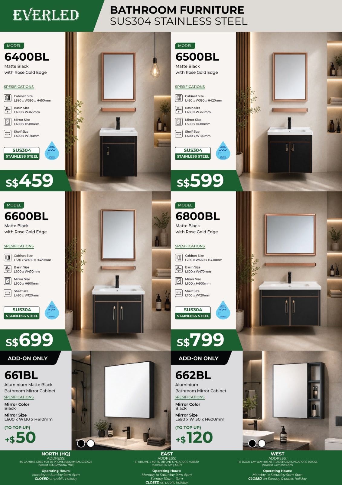 *(Vanity Cabinet)* Everled 6400BL / 6500BL / 6600BL / 6800BL - FREE DELIVERY