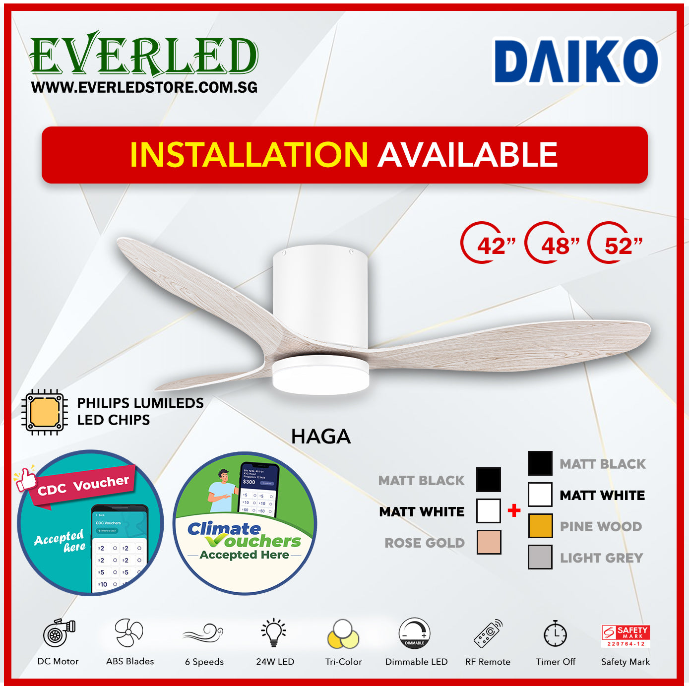 *FREE INSTALLATION* Daiko DC Haga Pro 42"/48"/52" with Tri-color LED (Inverter DC Fan) *CDC & Climate Voucher Accepted In Showroom*