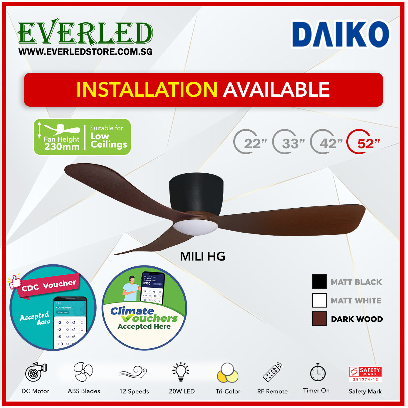 *STANDARD INSTALLATION* Alpha DC Mili (HG-HUGGER) with Tri-colour LED (Inverter DC fan) *CDC & Climate Voucher Accepted In Showroom*
