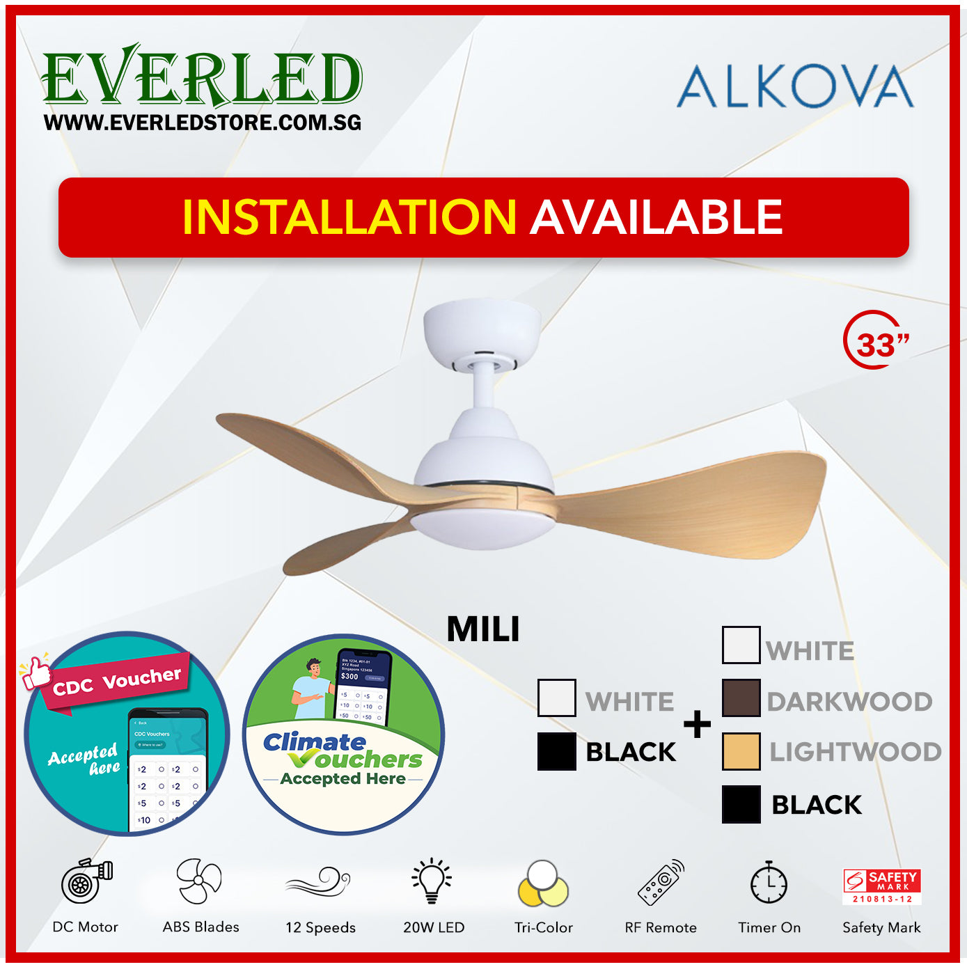 *STANDARD INSTALLATION* Alpha DC Mili 33" with Tri-colour LED (Inverter DC fan) *CDC & Climate Voucher Accepted In Showroom*