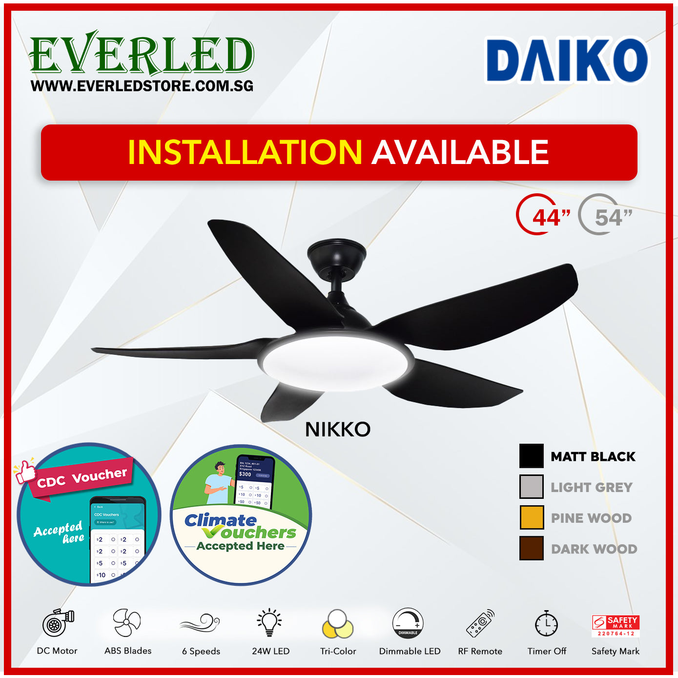 *FREE STANDARD INSTALLATION* Daiko DC Nikko5 44" with Tri-color LED (Inverter DC Fan) *CDC & Climate Voucher Accepted In Showroom*