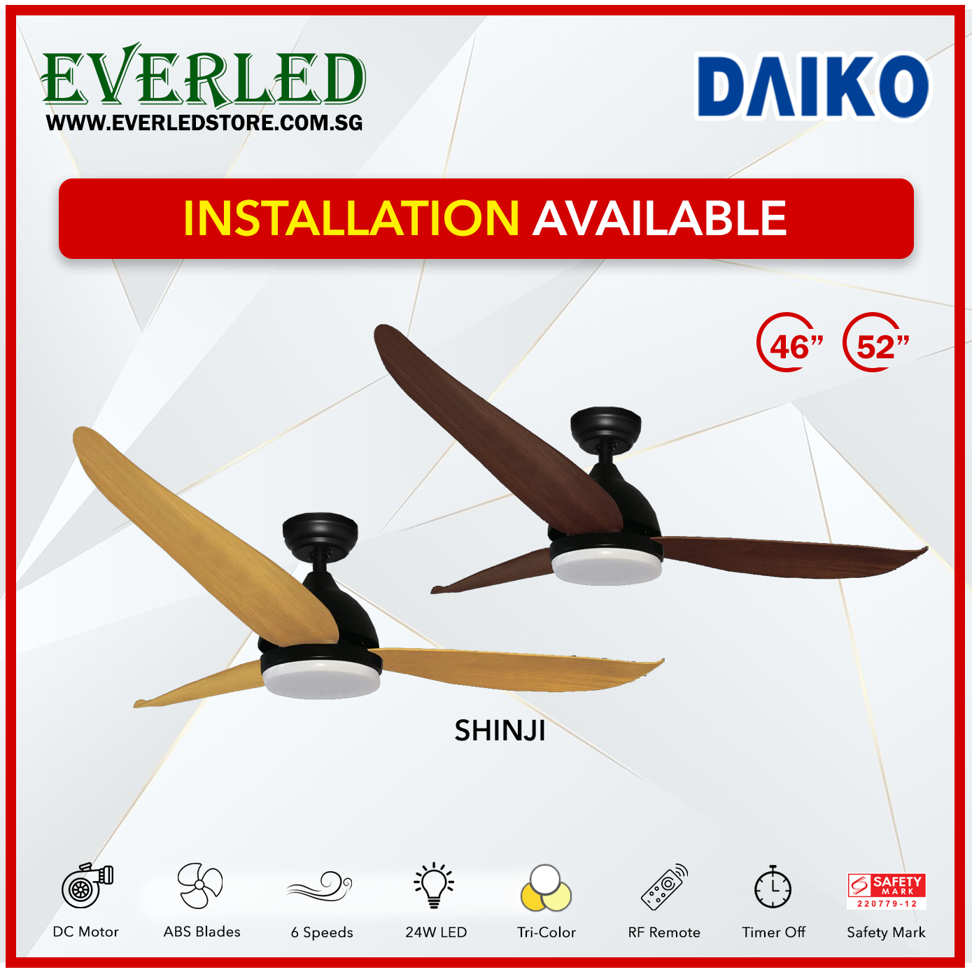 (Pre-Order, arriving 15 Jan 24) Daiko DC Shinji 36"/46"/52" with Tri-color LED (Inverter DC Fan)