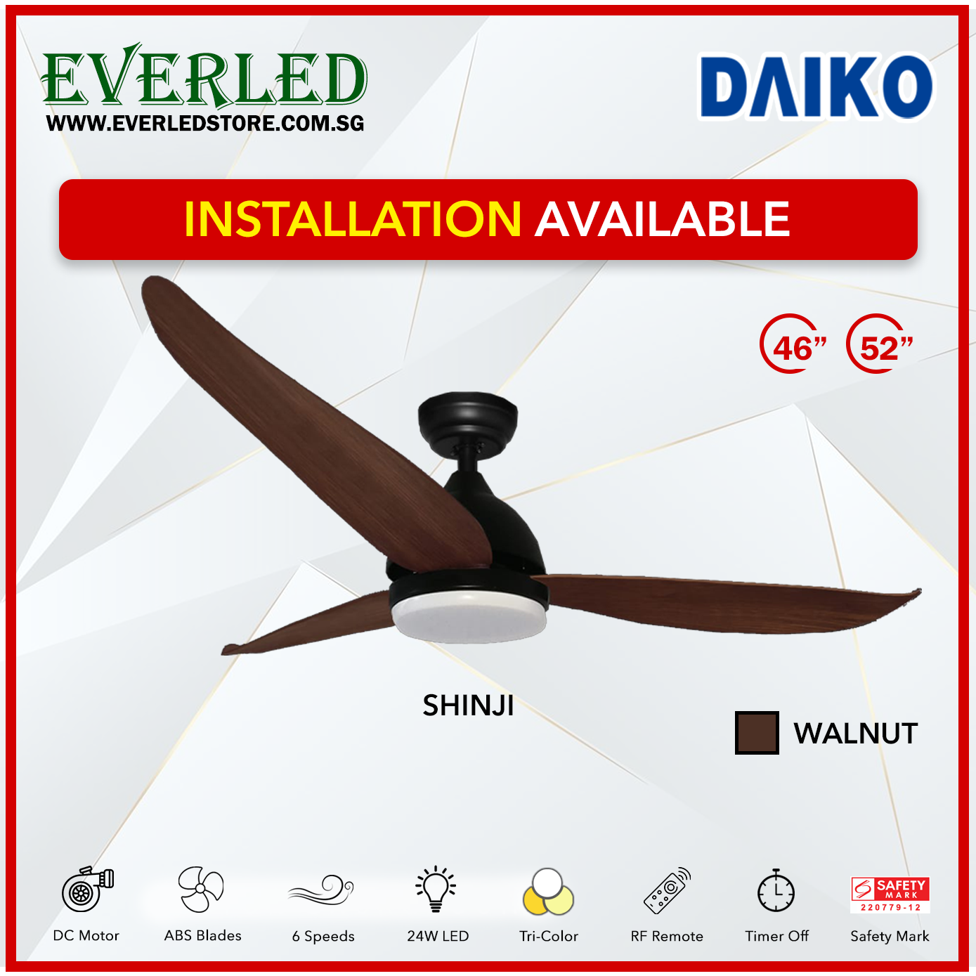 (Pre-Order, arriving 15 Jan 24) Daiko DC Shinji 36"/46"/52" with Tri-color LED (Inverter DC Fan)