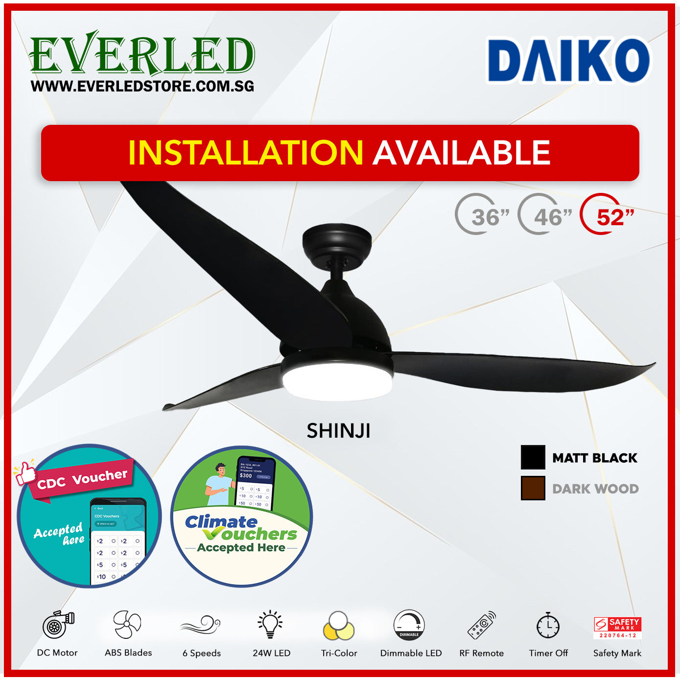 *FREE STANDARD INSTALLATION* Daiko DC Shinji 36"/46"/52" with Tri-color LED (Inverter DC Fan) *CDC & Climate Voucher Accepted in Showroom*