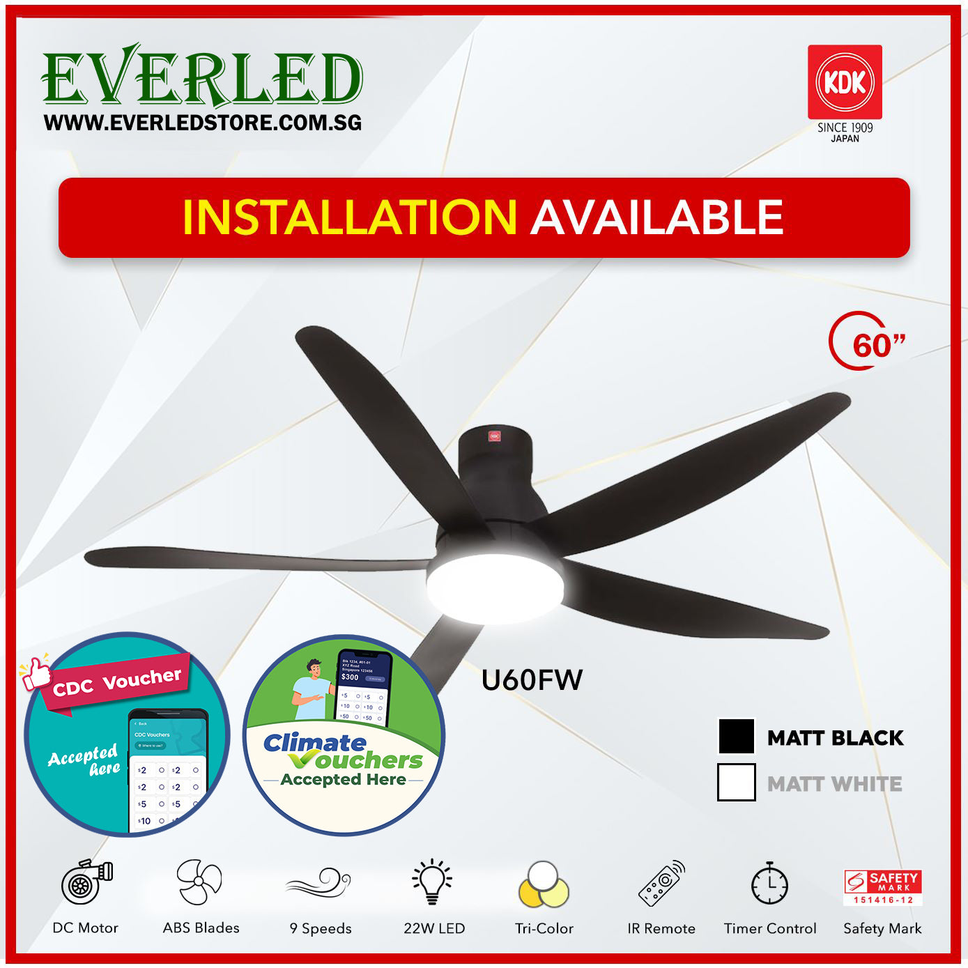 *FREE STANDARD INSTALLATION* KDK DC Fan U60FW (5 Blades 60" inch with LED Light) *CDC & Climate Voucher Accepted In Showroom*