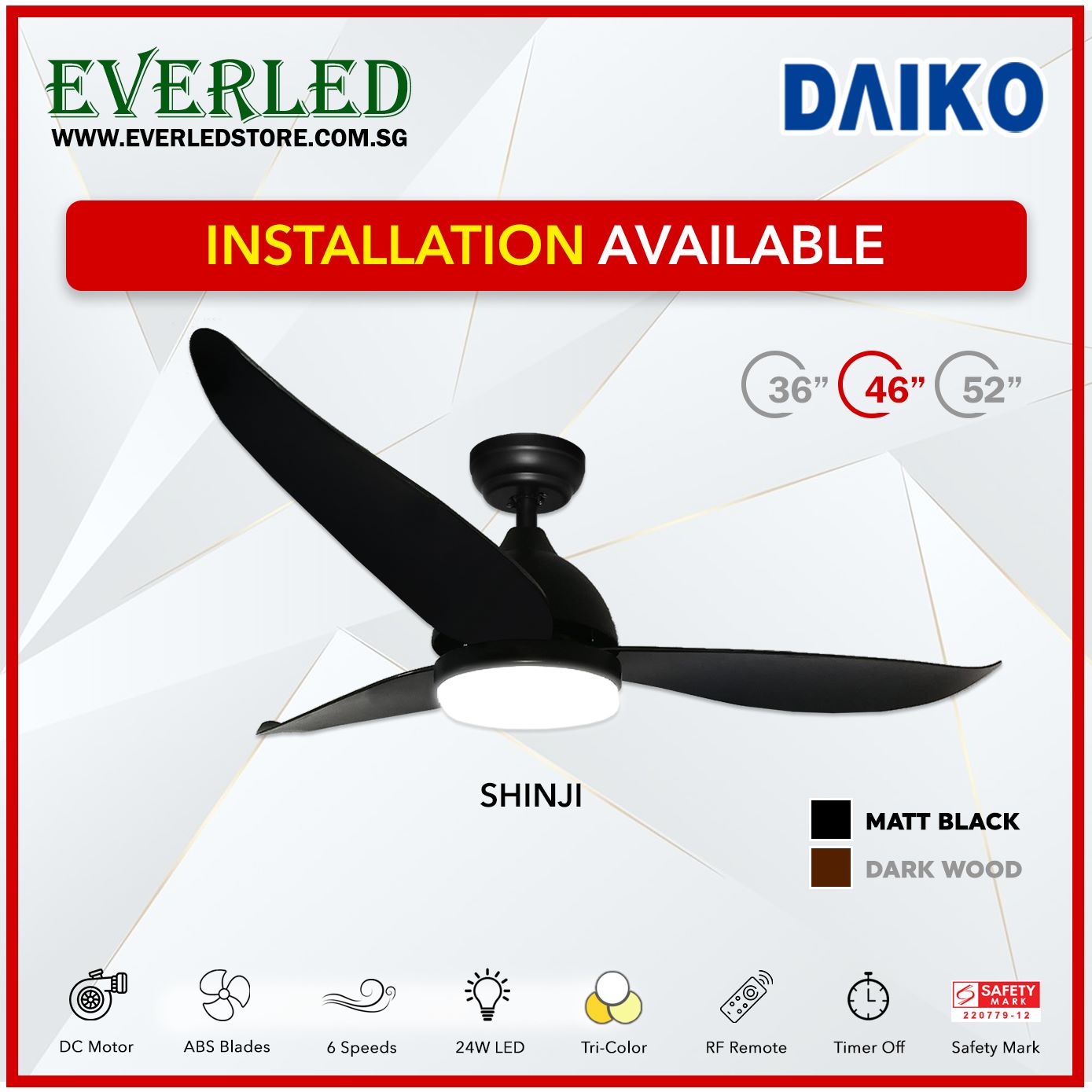 (Pre-Order, arriving 15 Jan 24) Daiko DC Shinji 36"/46"/52" with Tri-color LED (Inverter DC Fan)