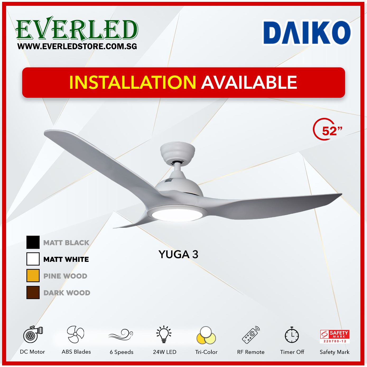 *FREE INSTALLATION* Daiko DC Yuga 3 52" with Tri-color LED (Inverter DC Fan)