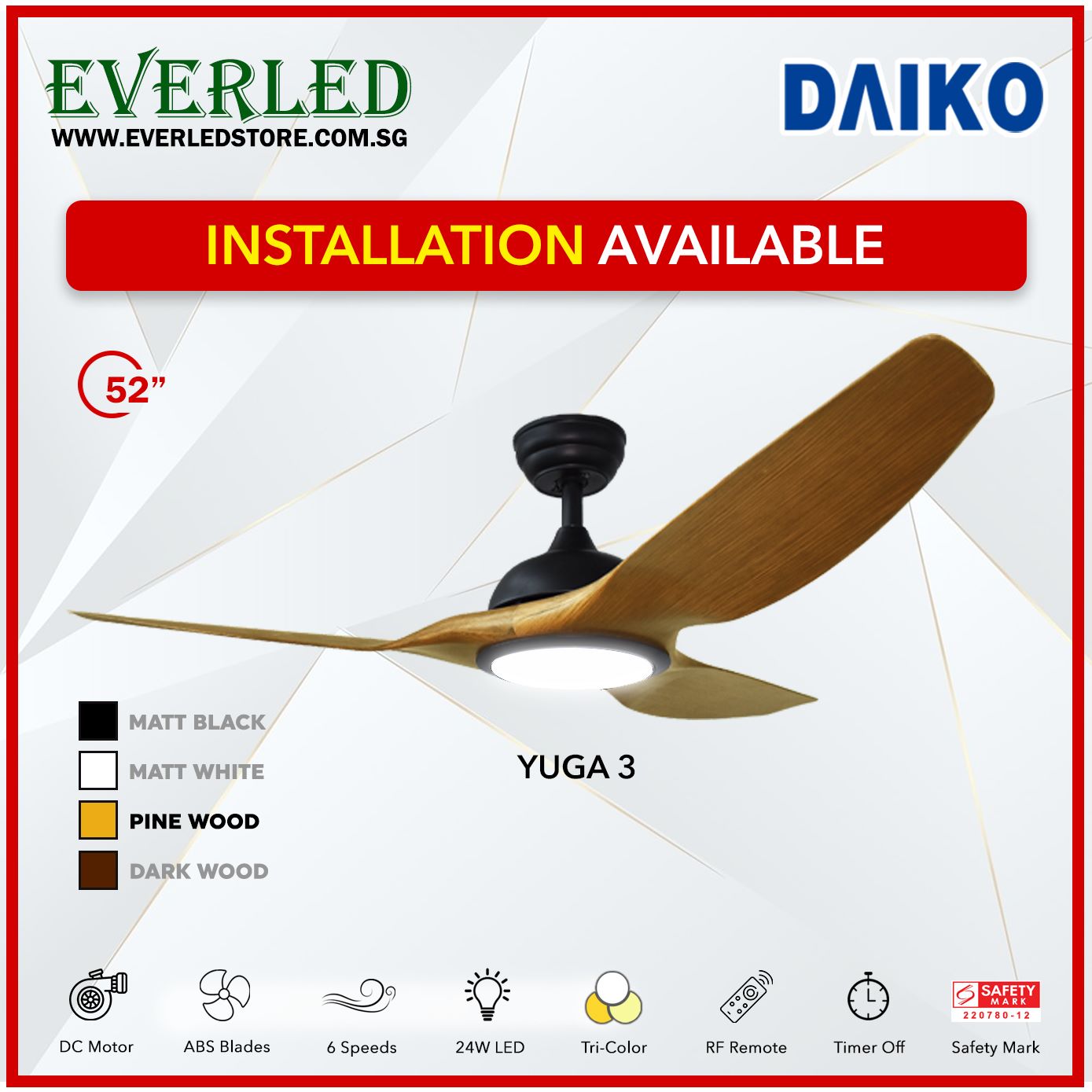 *FREE INSTALLATION* Daiko DC Yuga 3 52" with Tri-color LED (Inverter DC Fan)