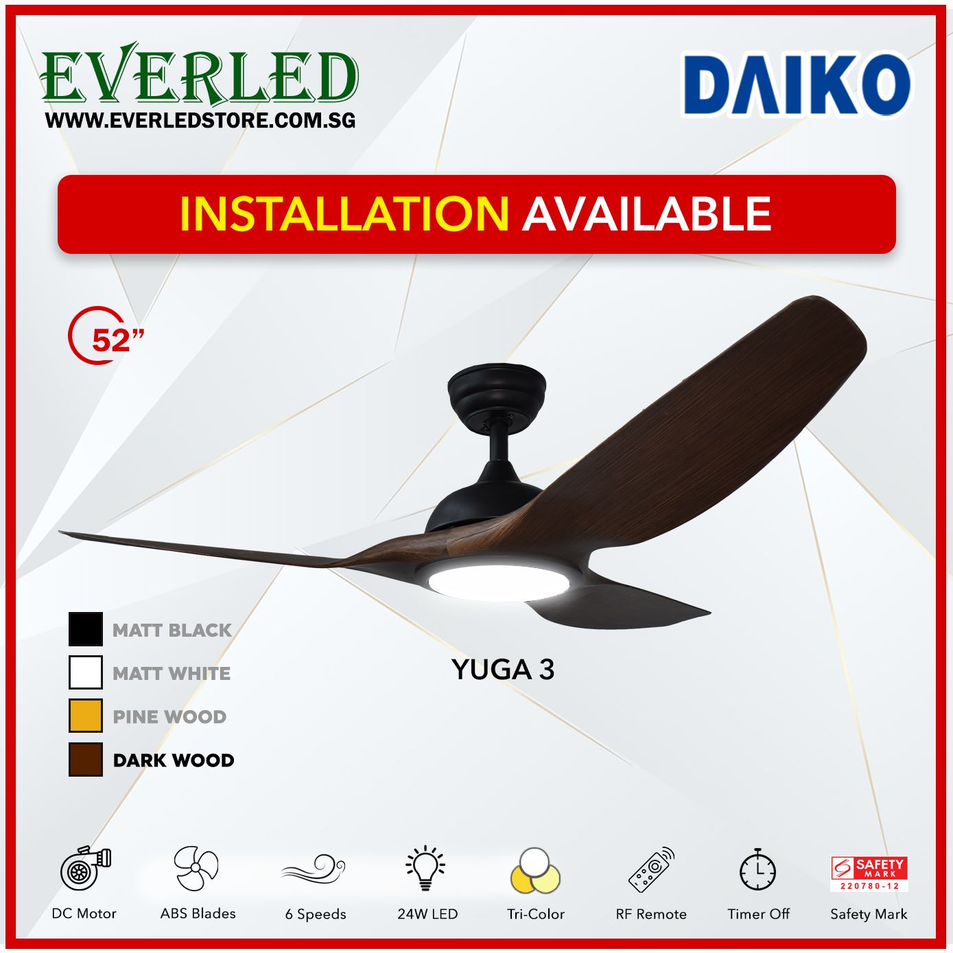 *FREE INSTALLATION* Daiko DC Yuga 3 52" with Tri-color LED (Inverter DC Fan)