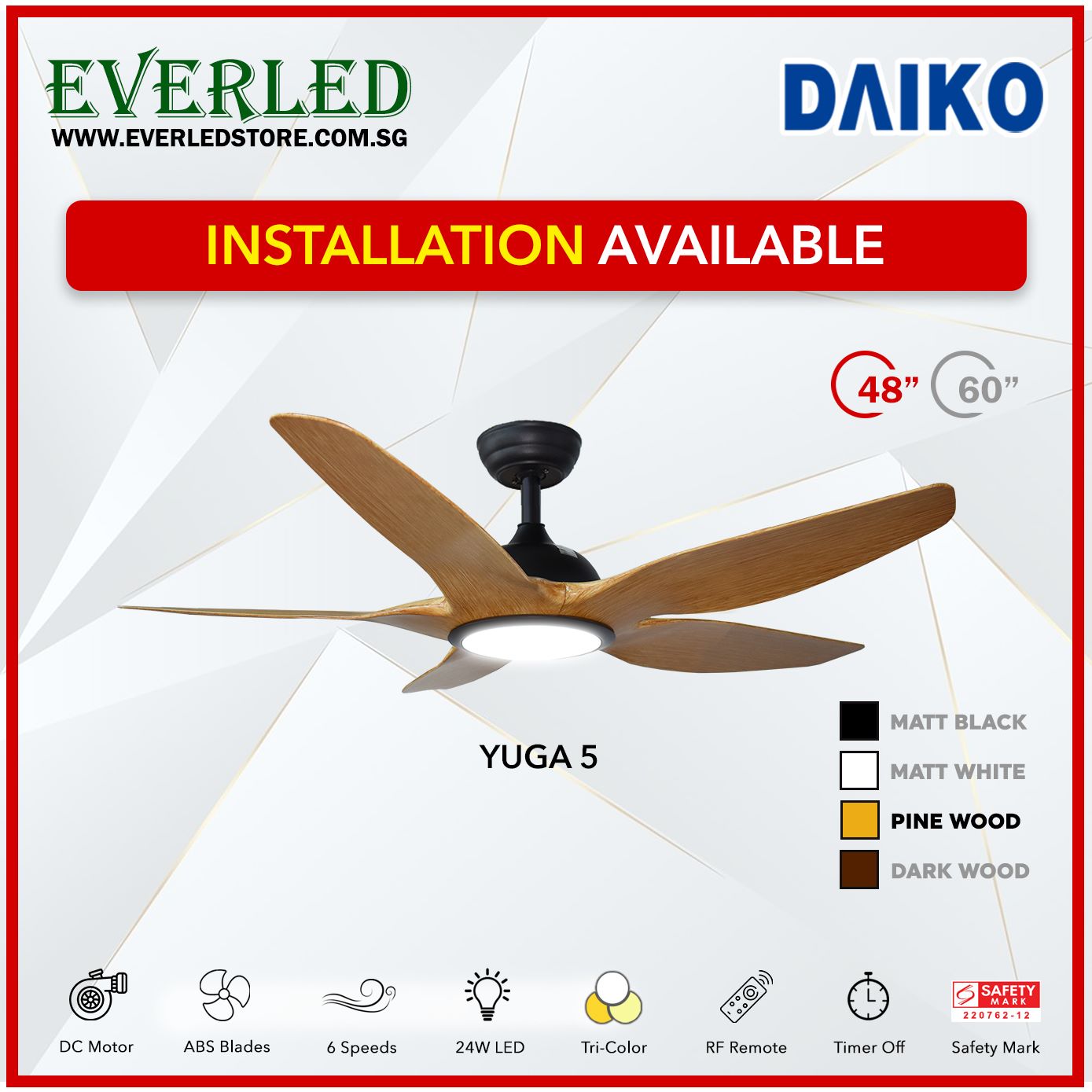 *FREE INSTALLATION* Daiko DC Yuga 5 48"/60" with Tri-color LED (Inverter DC Fan)