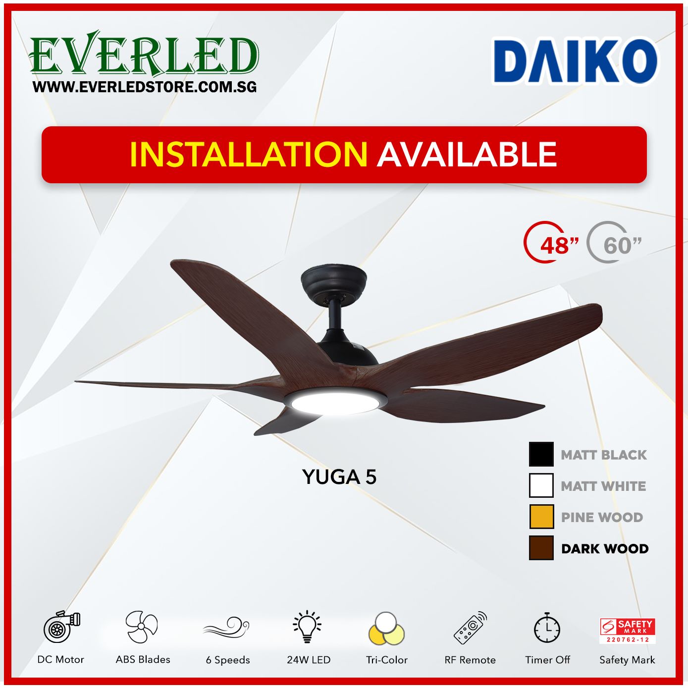 *FREE INSTALLATION* Daiko DC Yuga 5 48"/60" with Tri-color LED (Inverter DC Fan)