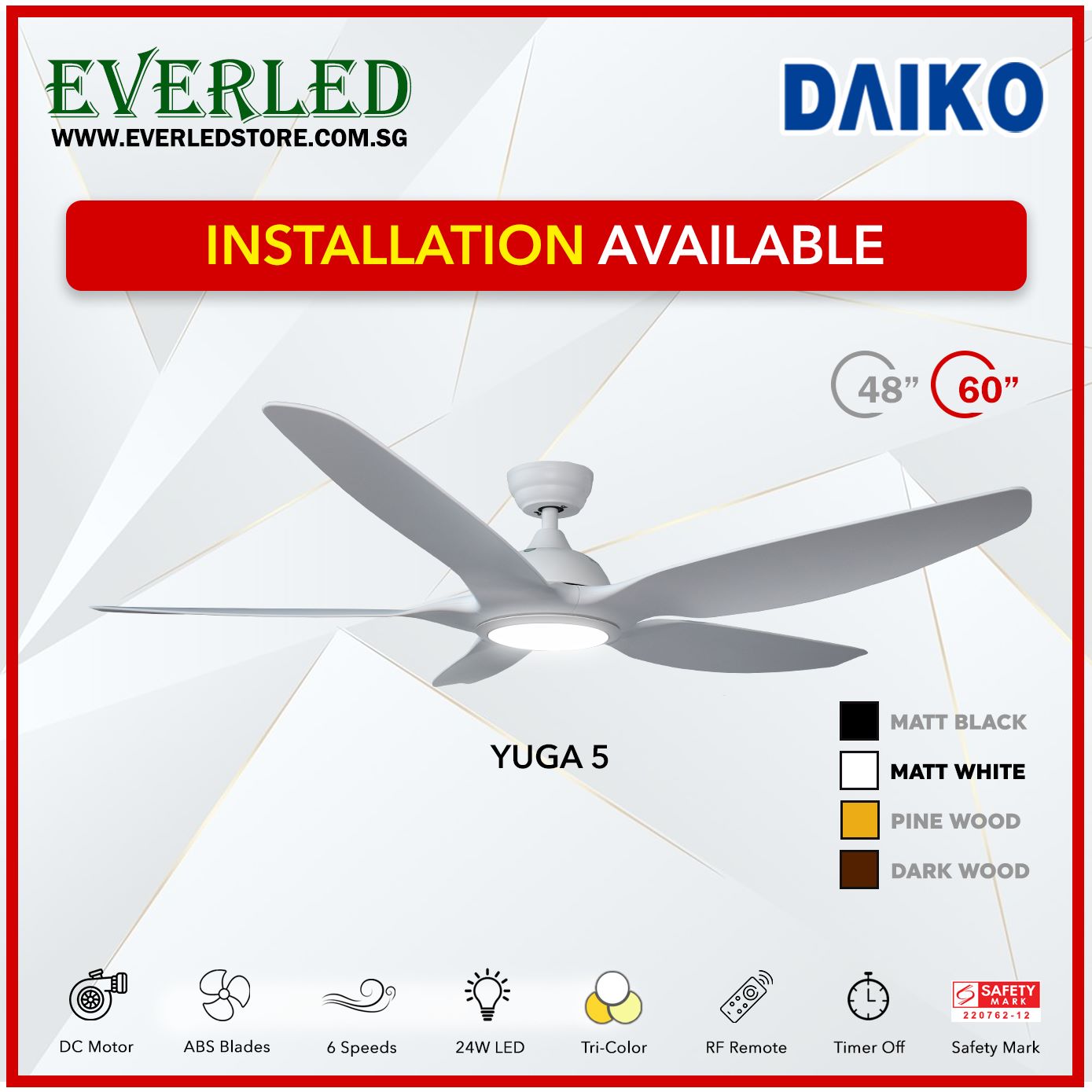*FREE INSTALLATION* Daiko DC Yuga 5 48"/60" with Tri-color LED (Inverter DC Fan)