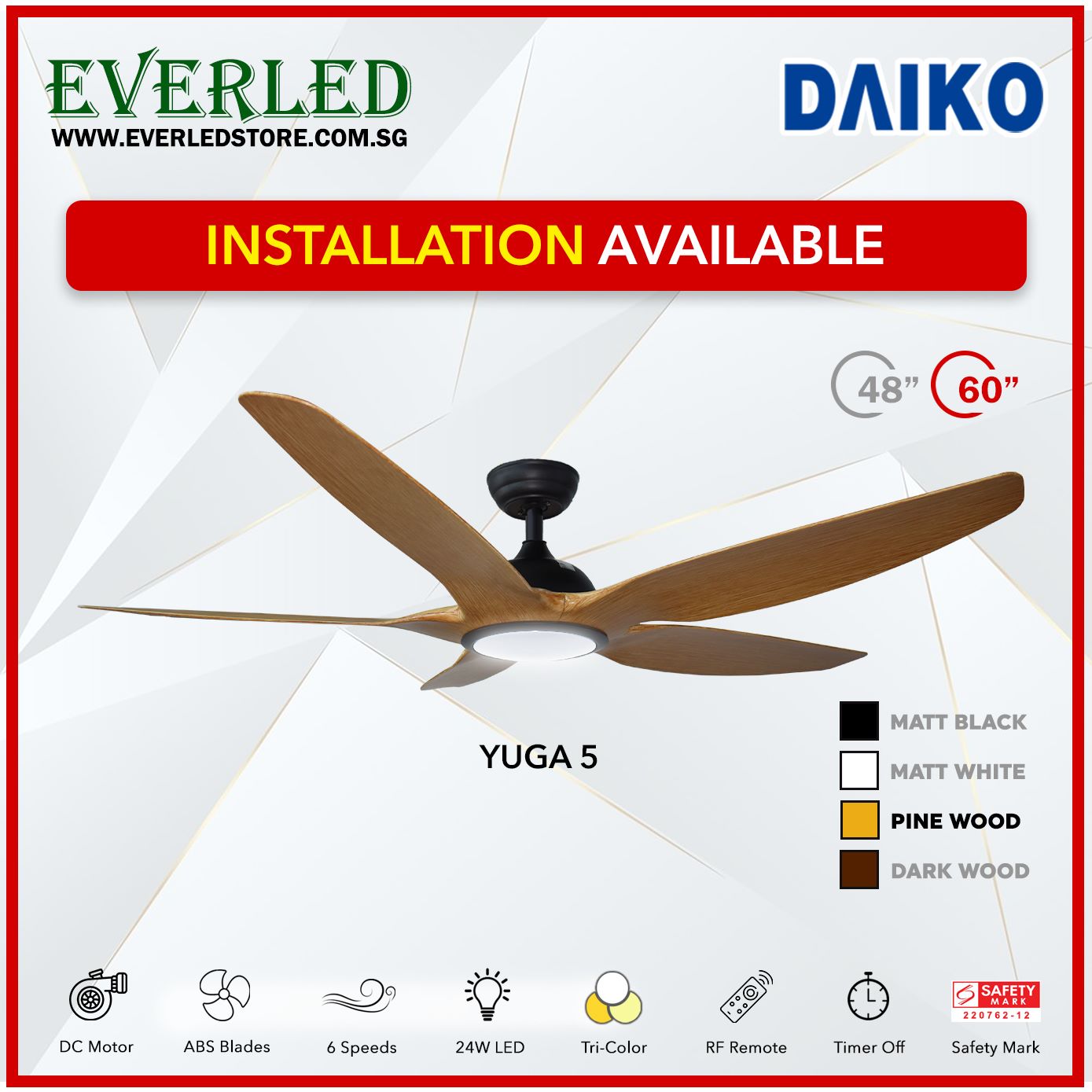*FREE INSTALLATION* Daiko DC Yuga 5 48"/60" with Tri-color LED (Inverter DC Fan)