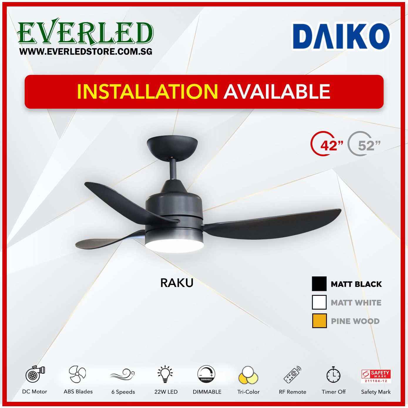 Daiko DC Raku 42"/52" with Dimmable Tri-color LED (Inverter DC Fan)