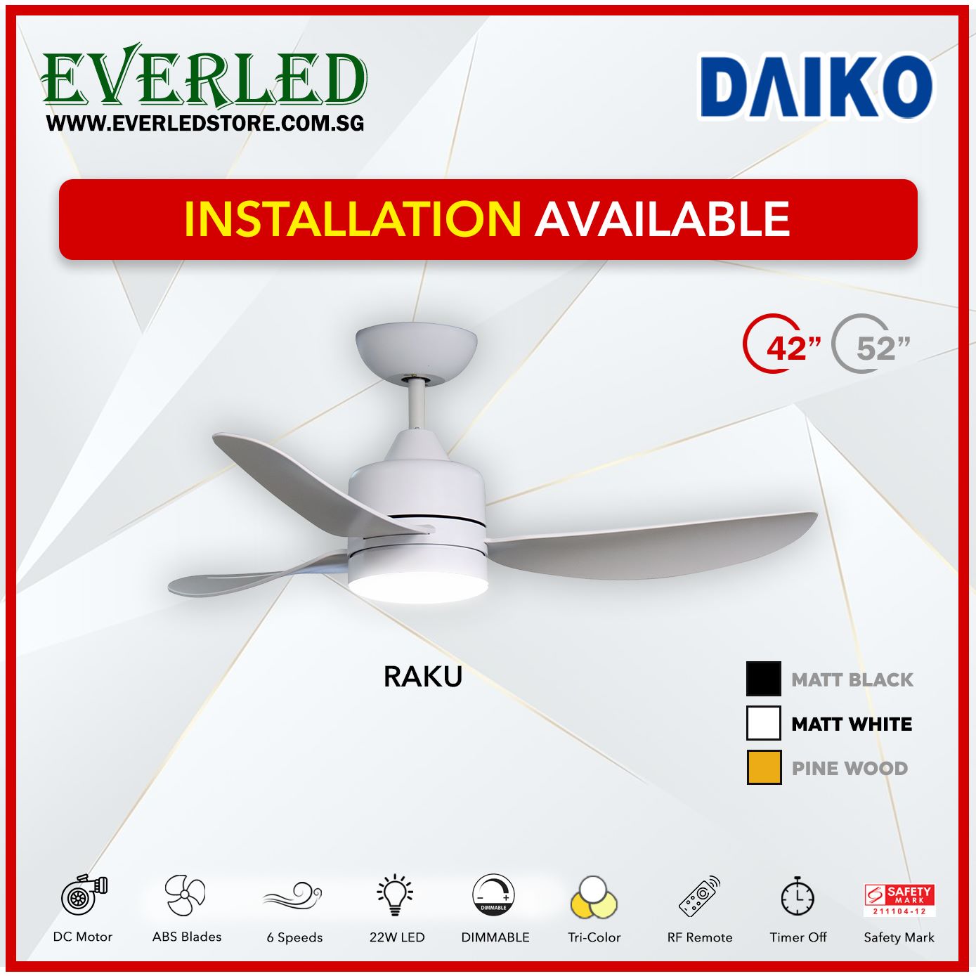 Daiko DC Raku 42"/52" with Dimmable Tri-color LED (Inverter DC Fan)