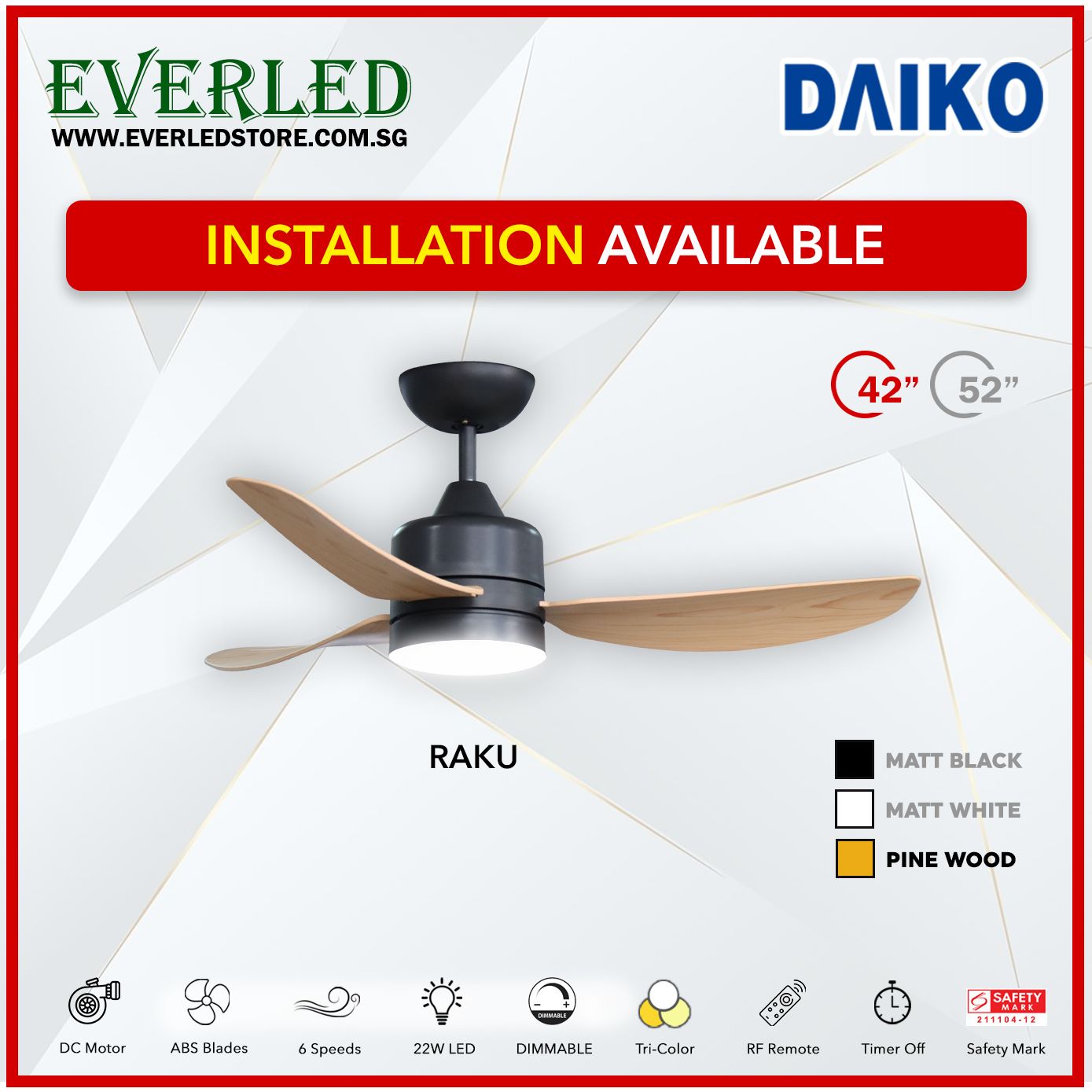 Daiko DC Raku 42"/52" with Dimmable Tri-color LED (Inverter DC Fan)