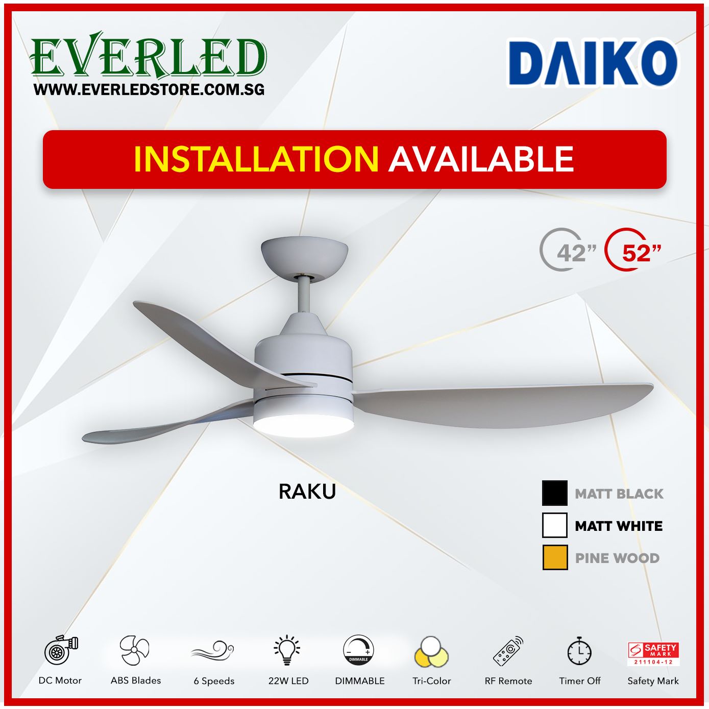 Daiko DC Raku 42"/52" with Dimmable Tri-color LED (Inverter DC Fan)