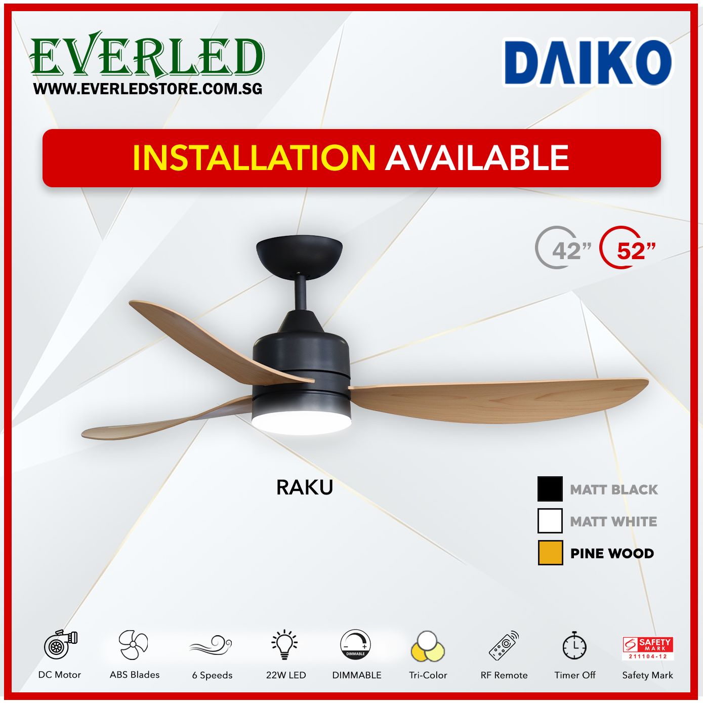 Daiko DC Raku 42"/52" with Dimmable Tri-color LED (Inverter DC Fan)