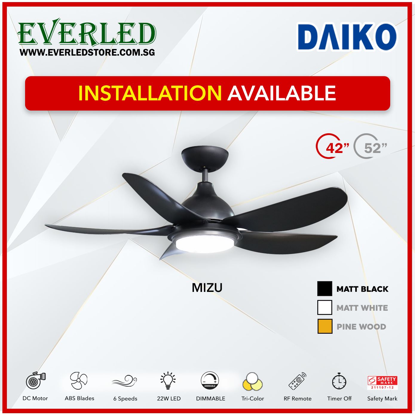 Daiko DC Mizu 42"/52" with Dimmable Tri-color LED (Inverter DC Fan)